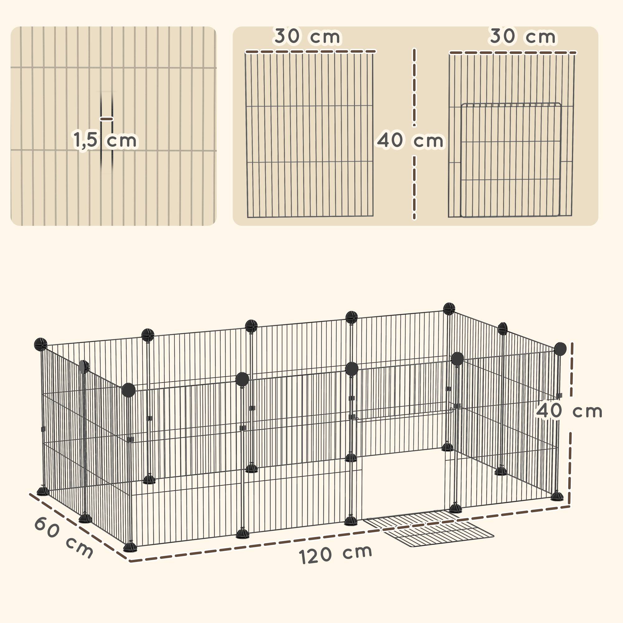 Enclos métallique pour animaux de compagnie de 12 panneaux DIY, tapis imperméable, parc pour cochons d'Inde, hérissons 120x60x40 cm Noir - Image 5