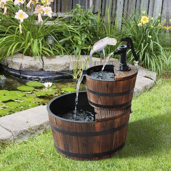 Fontaine de jardin bois sapin cascade 2 niveaux pompe électrique débit réglable 44x44x58cm naturel - ComfortXL Outdoor Living - Image 4