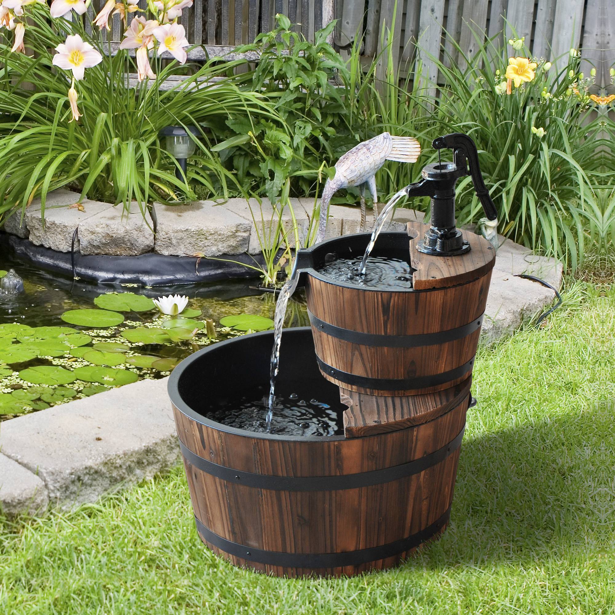 Fontaine de jardin bois sapin cascade 2 niveaux pompe électrique débit réglable 44x44x58cm naturel - ComfortXL Outdoor Living - Image 4