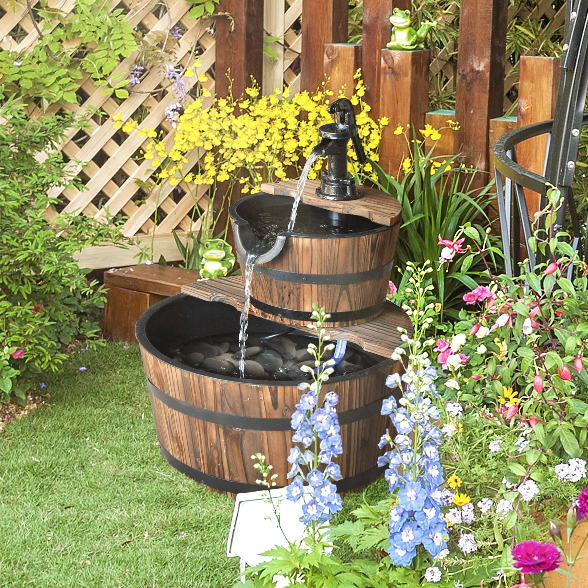 Fontaine de jardin bois sapin cascade 2 niveaux pompe électrique débit réglable 44x44x58cm naturel - ComfortXL Outdoor Living - Image 3
