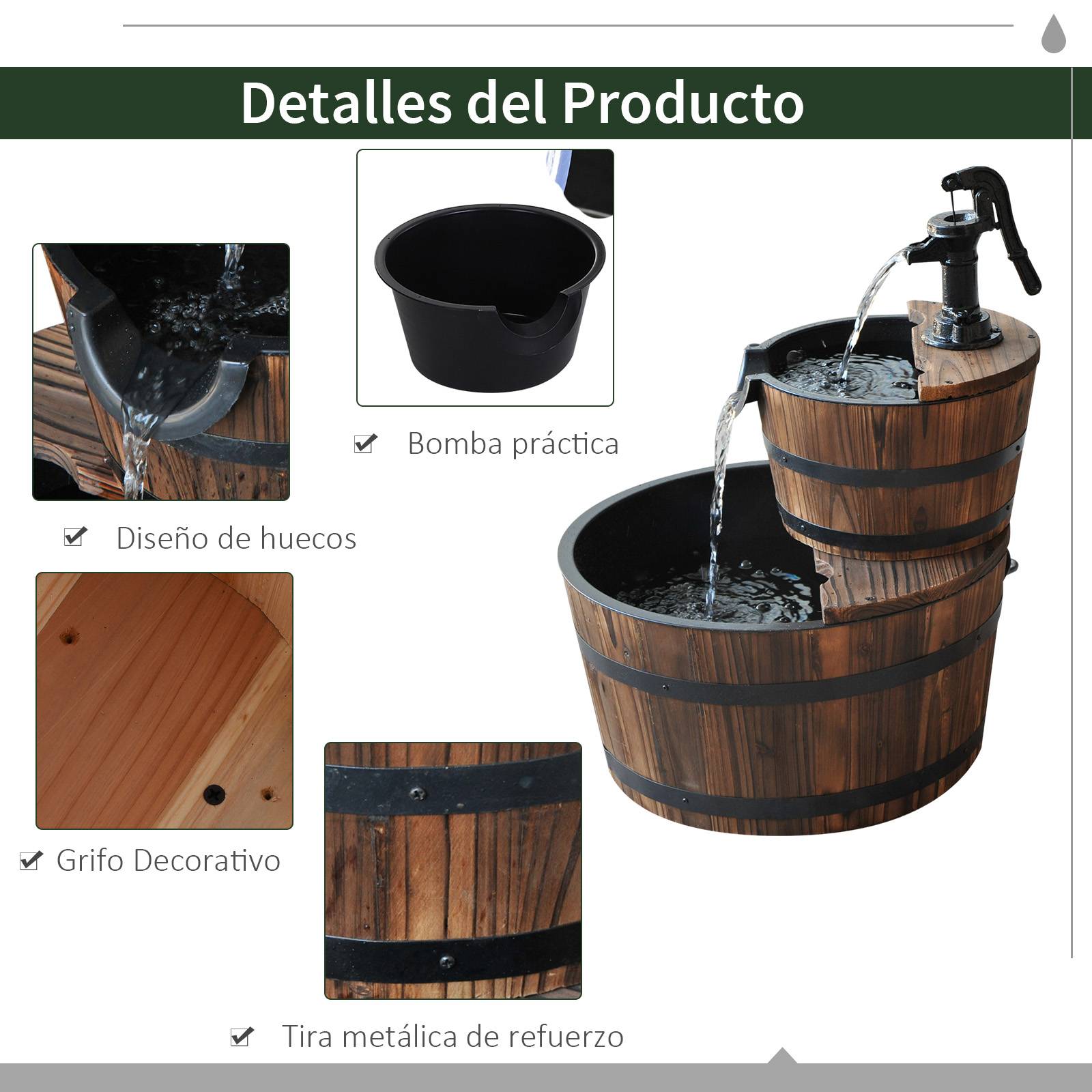 Fontaine de jardin bois sapin cascade 2 niveaux pompe électrique débit réglable 44x44x58cm naturel - ComfortXL Outdoor Living - Image 7