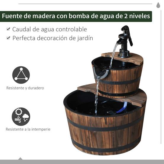 Fontaine de jardin bois sapin cascade 2 niveaux pompe électrique débit réglable 44x44x58cm naturel - ComfortXL Outdoor Living - Image 6