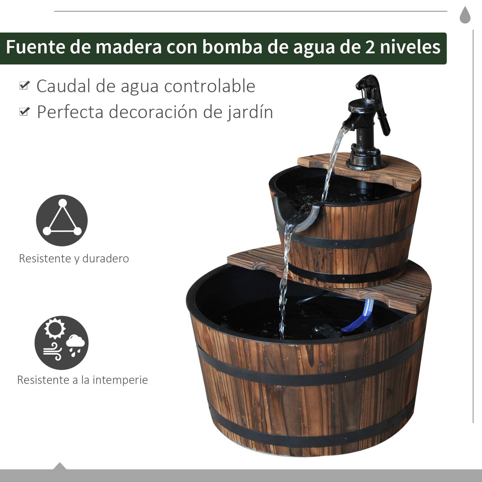 Fontaine de jardin bois sapin cascade 2 niveaux pompe électrique débit réglable 44x44x58cm naturel - ComfortXL Outdoor Living - Image 6