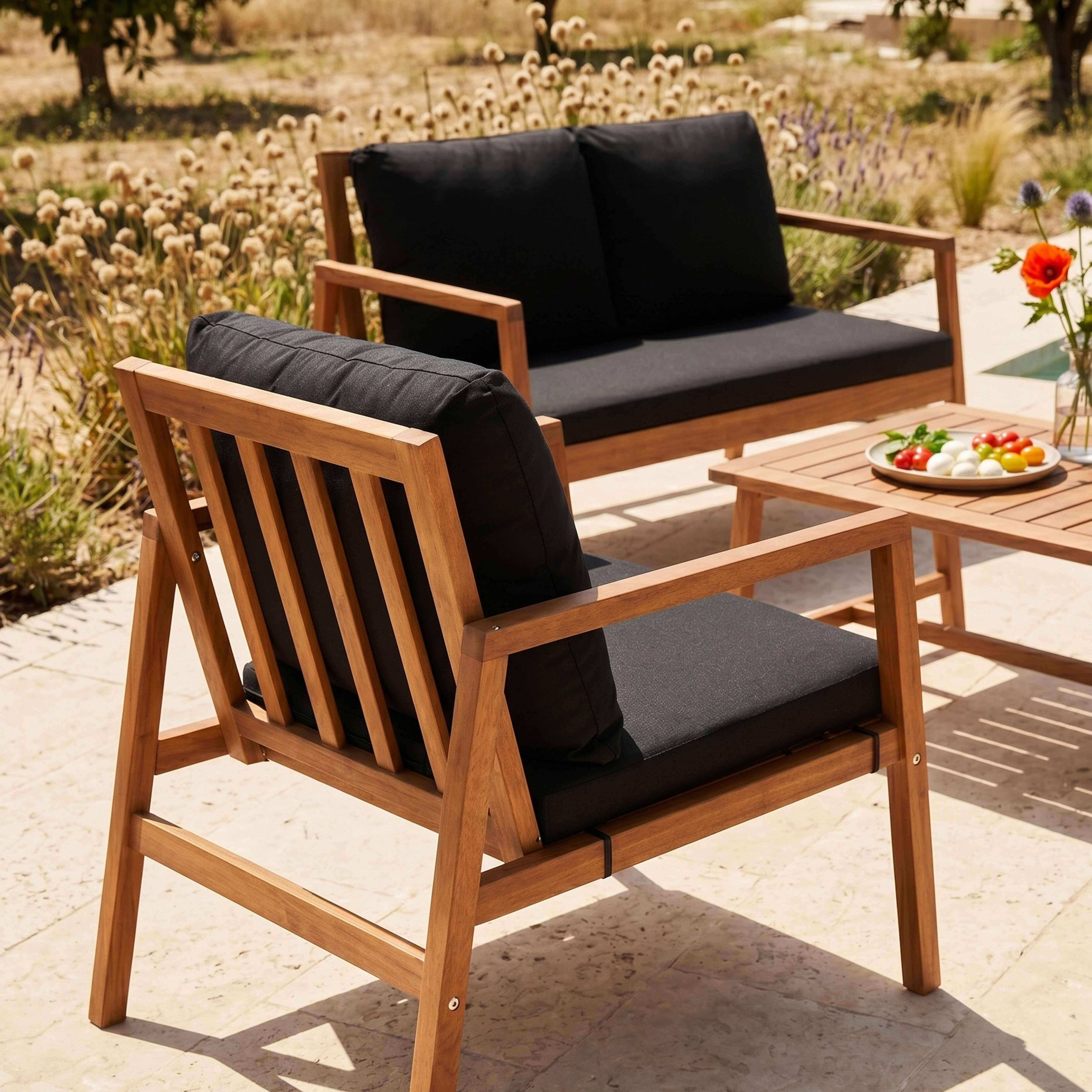 Oviala - Salon de terrasse bois avec 1 canapé, 2 fauteuils et table basse noir Collioure - Oviala - Imagen 3