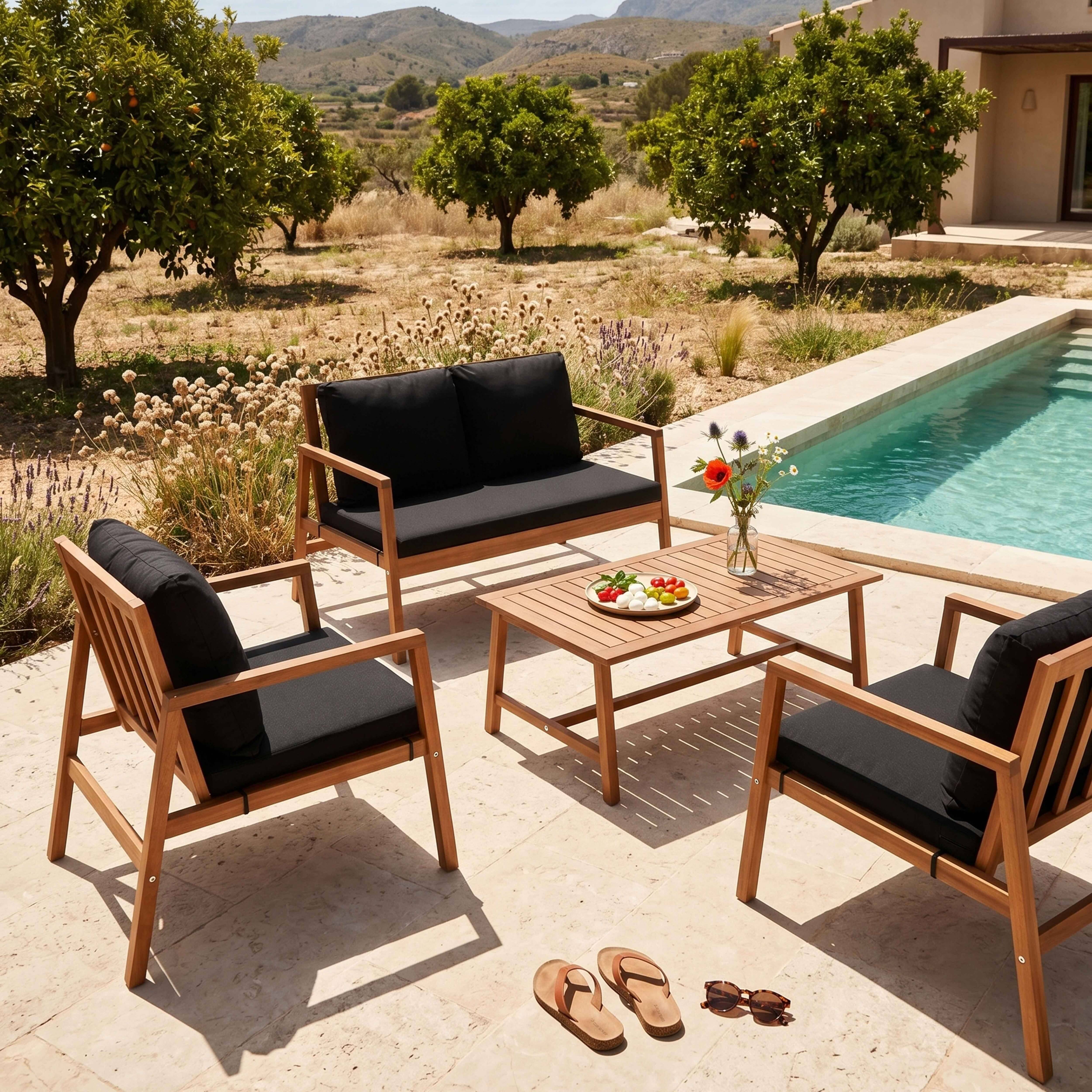 Oviala - Salon de terrasse bois avec 1 canapé, 2 fauteuils et table basse noir Collioure - Oviala - Imagen 2