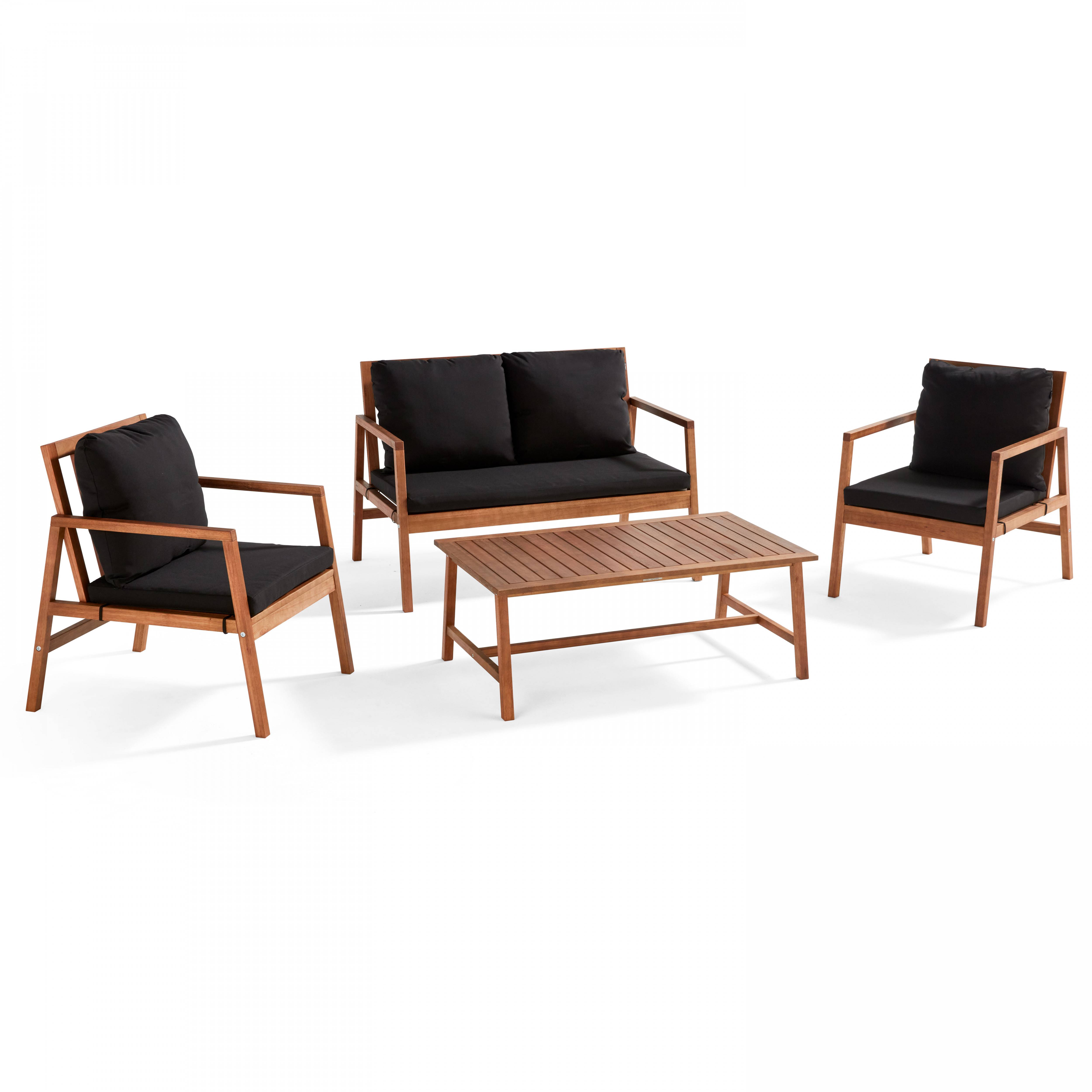 Oviala - Salon de  terrasse bois avec 1 canapé, 2 fauteuils et table basse noir Collioure - Oviala - Imagen 1