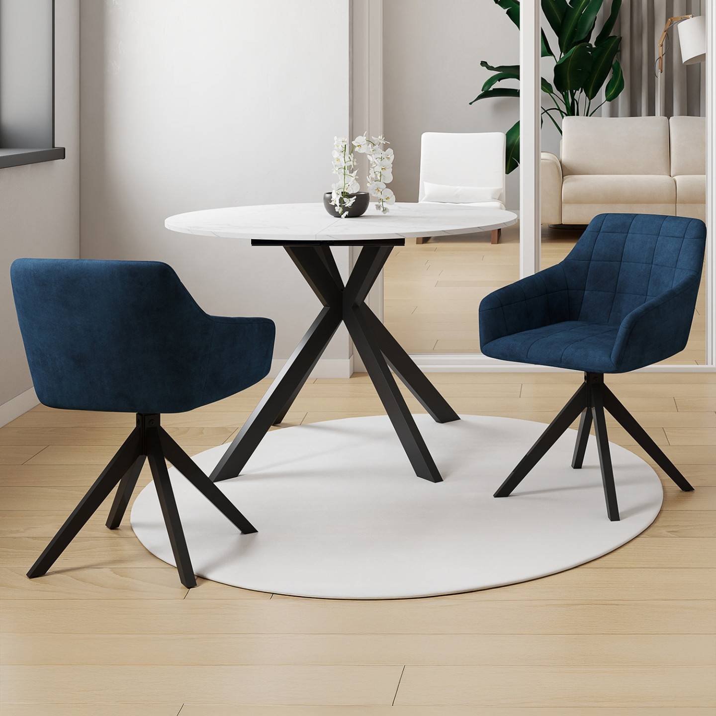 Lot de 2 chaises pivotantes de salle à manger, fauteuils de table MADY en velours bleu - Image 1