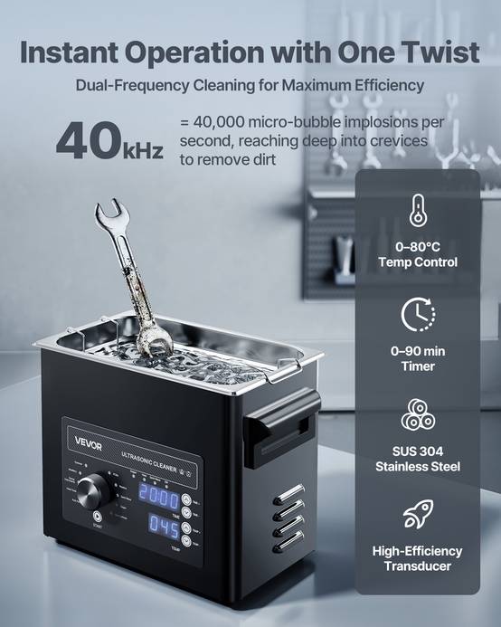 Vevor - VEVOR Nettoyeur à ultrasons 3 L, inox 304, 40 kHz, 2 transducteurs, minuterie 0–90 min, panier et boule de nettoyage, noir. - Image 2