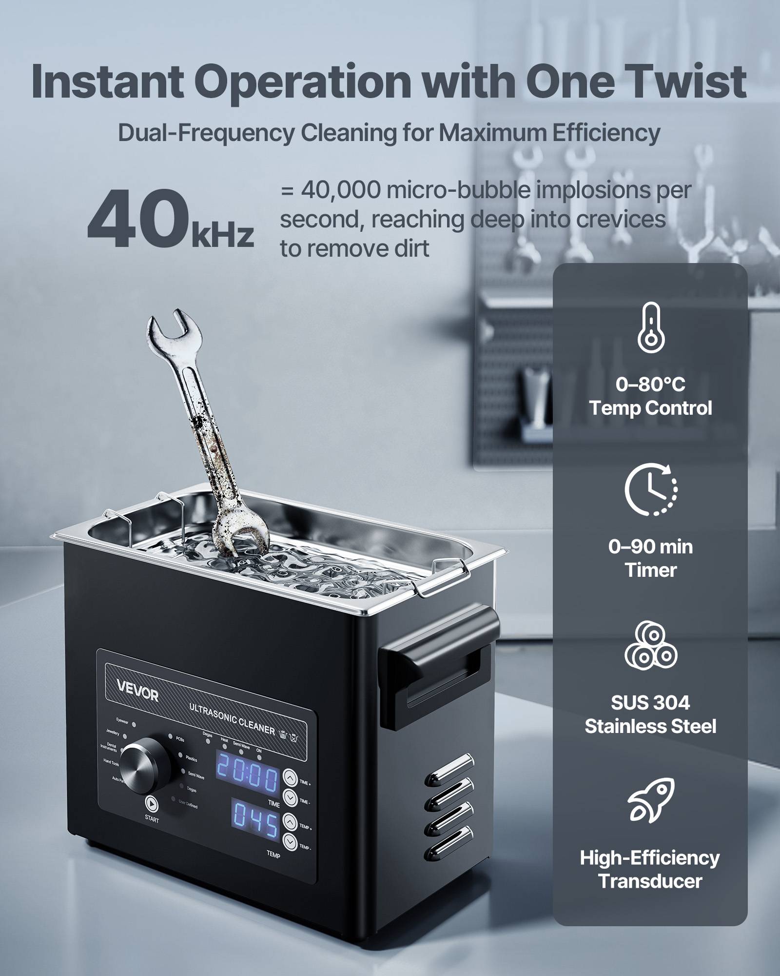 Vevor - VEVOR Nettoyeur à ultrasons 3 L, inox 304, 40 kHz, 2 transducteurs, minuterie 0–90 min, panier et boule de nettoyage, noir. - Image 2