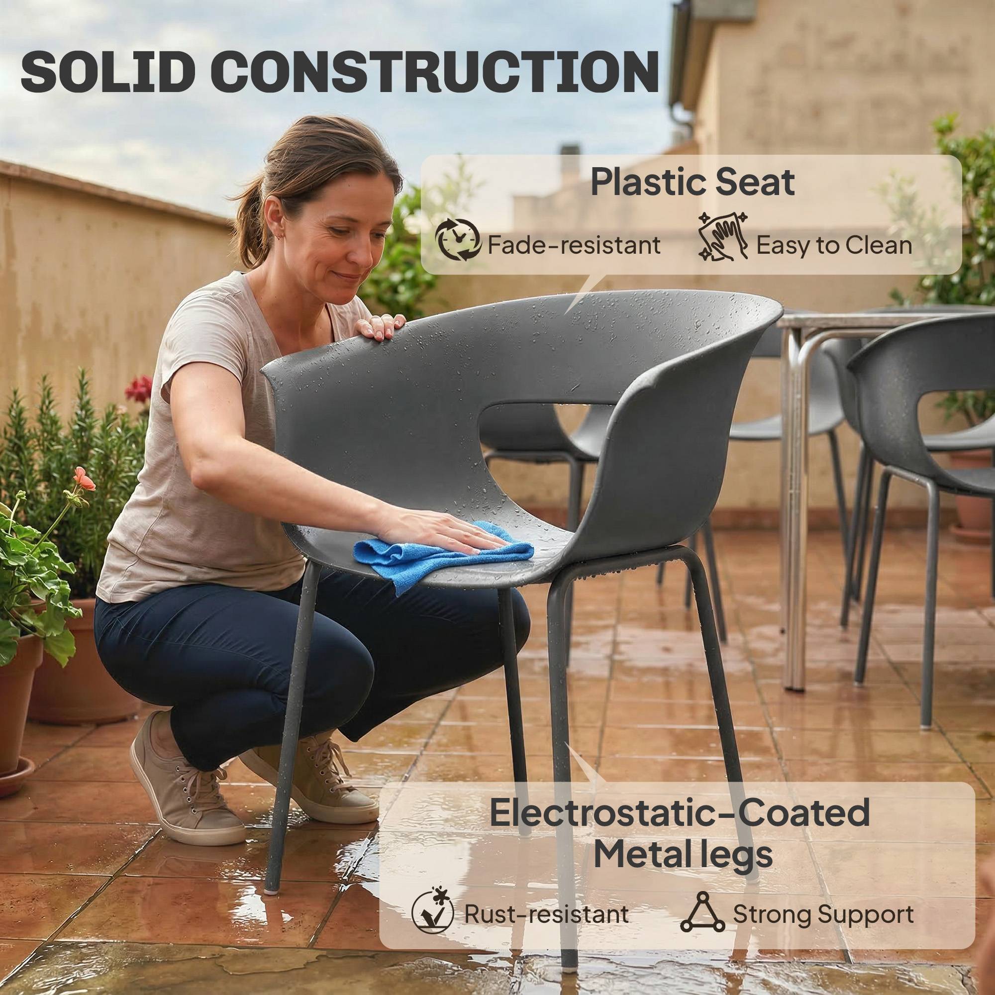 Ensemble de 4 chaises de jardin ergonomiques, design ajouré avec accoudoirs, gris foncé - Image 8