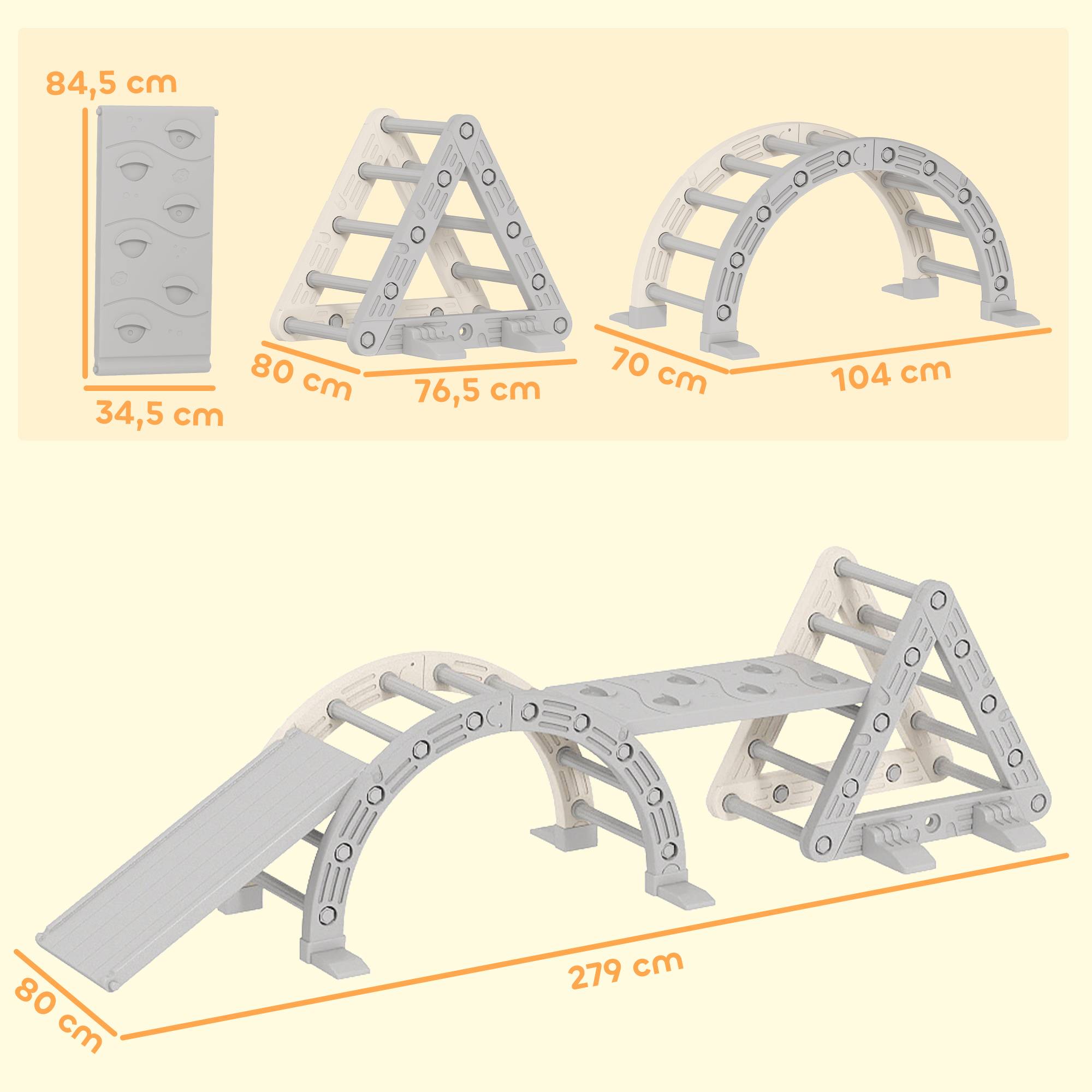 8 en 1 Triangle escalade enfants, arc d'escalade, rampe double-face pour grimper & glisser, 279 x 80 x 69 cm, gris - Image 5
