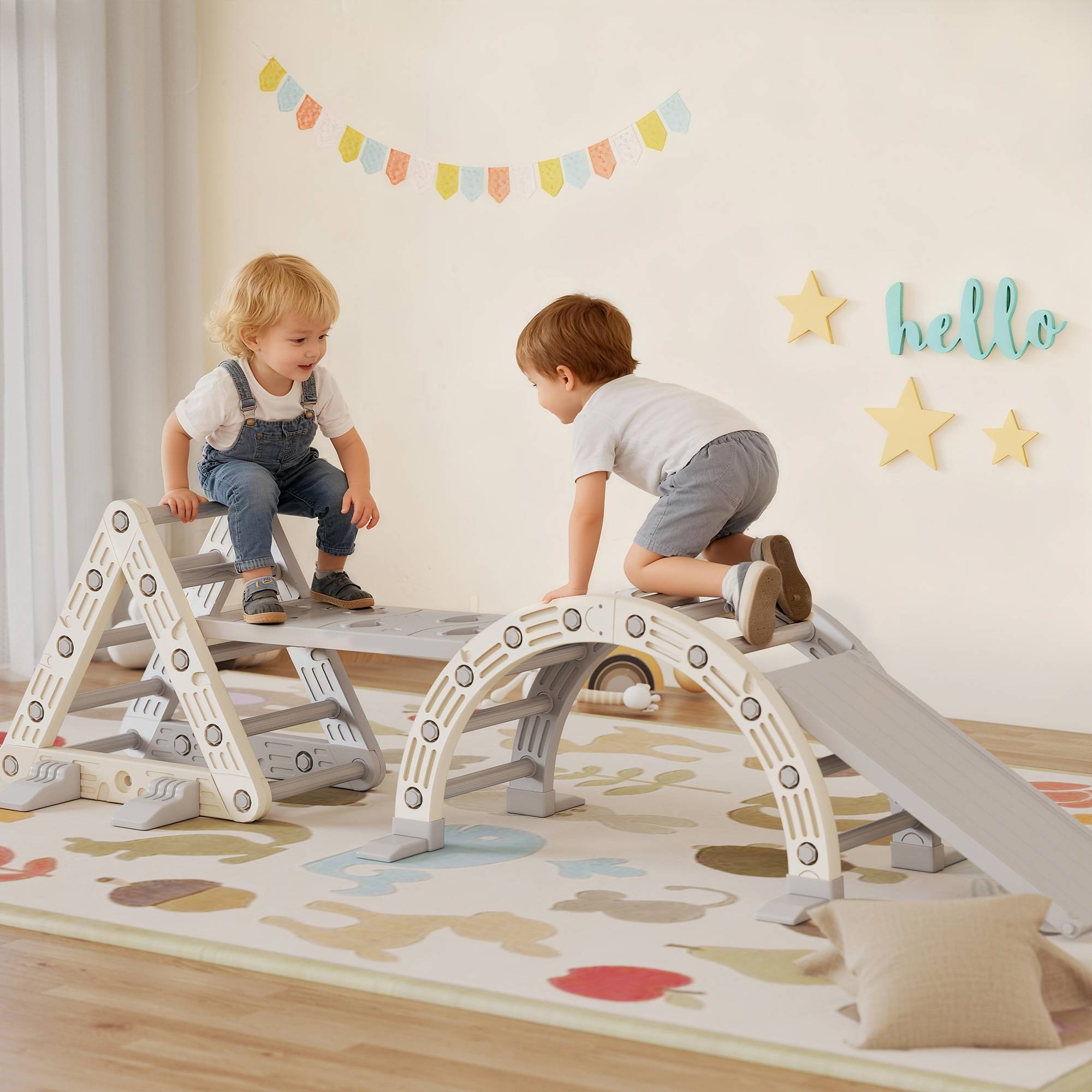 8 en 1 Triangle escalade enfants, arc d'escalade, rampe double-face pour grimper & glisser, 279 x 80 x 69 cm, gris - Image 3