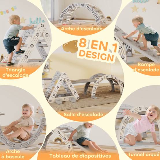 8 en 1 Triangle escalade enfants, arc d'escalade, rampe double-face pour grimper & glisser, 279 x 80 x 69 cm, gris - Image 6