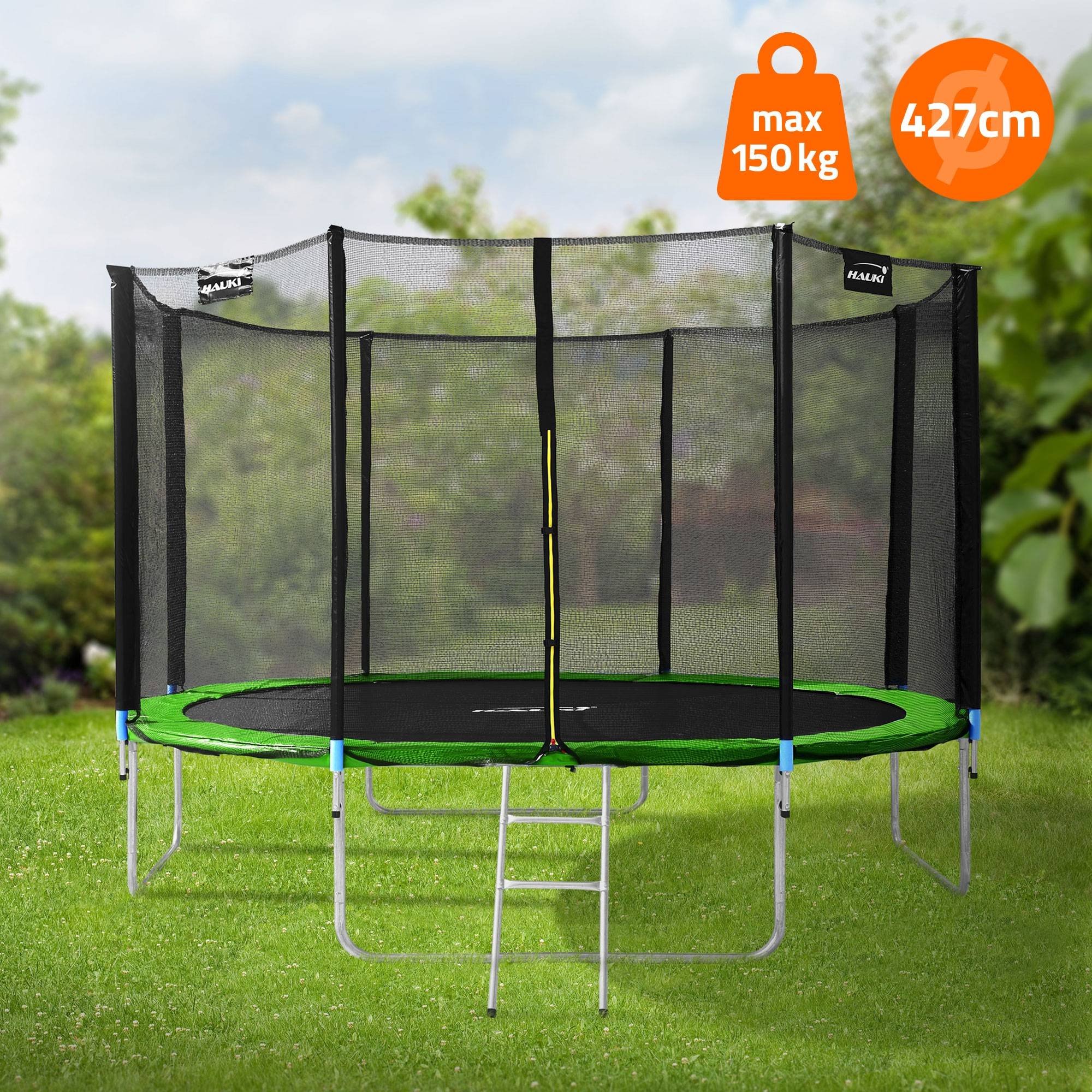 Trampoline de jardin avec filet de sécurité et échelle set complet vert Ø 427 cm - Imagen 2