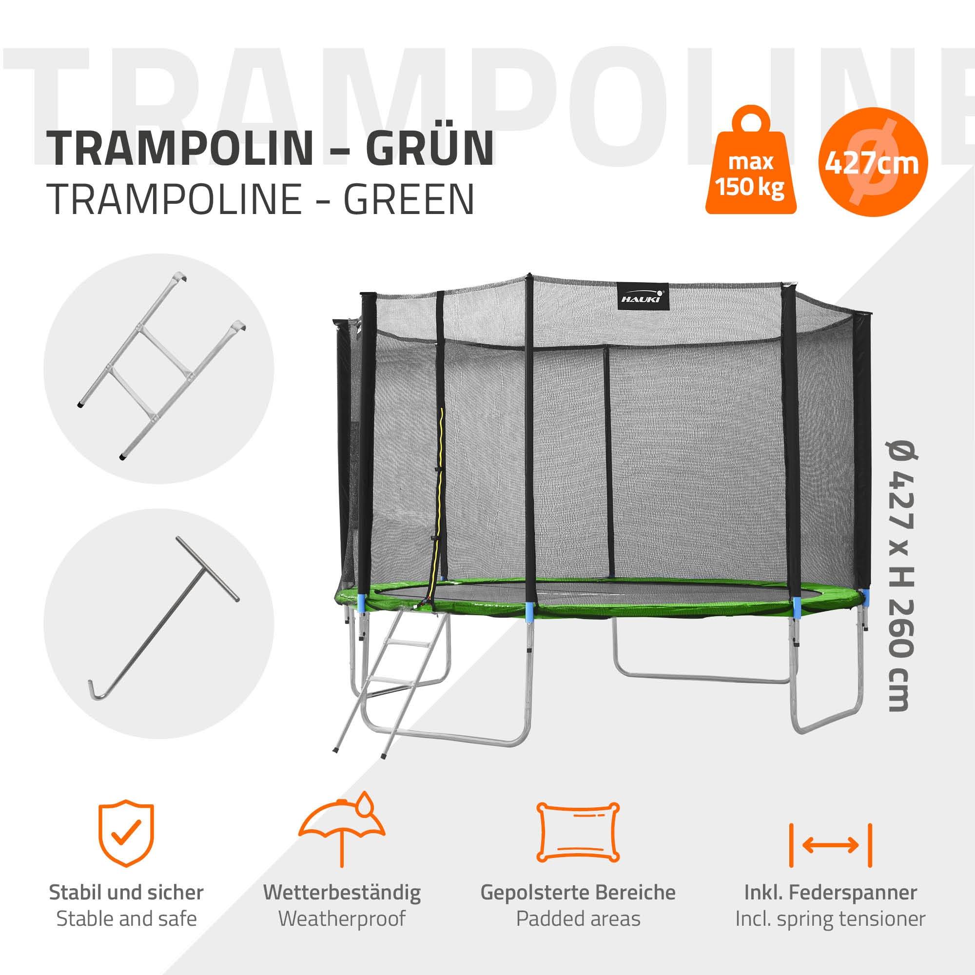 Trampoline de jardin avec filet de sécurité et échelle set complet vert Ø 427 cm - Imagen 3