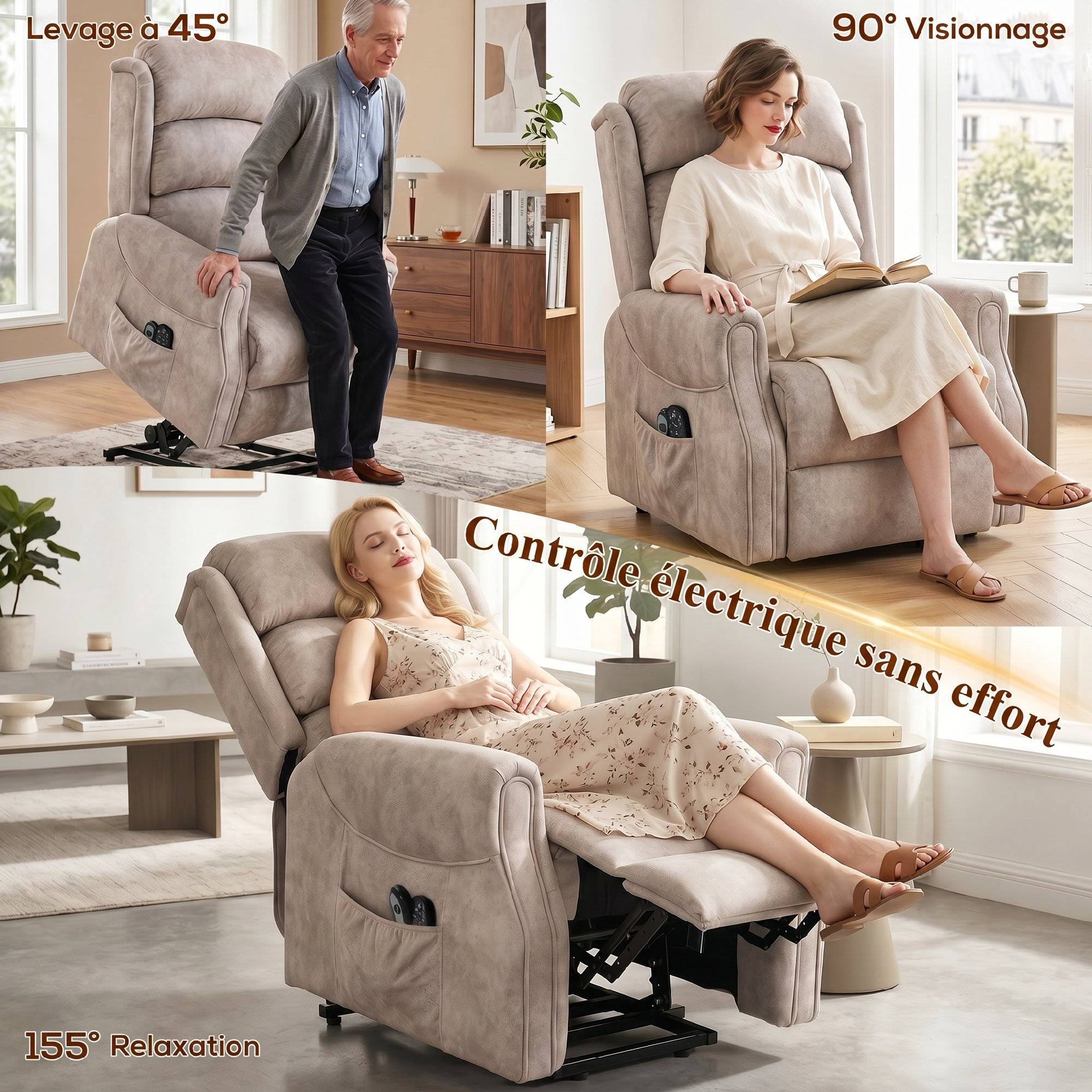 Fauteuil releveur électrique massage par vibrations et chaleur, fauteuil relax électrique en velours, 80x160x82cm, beige - Image 6