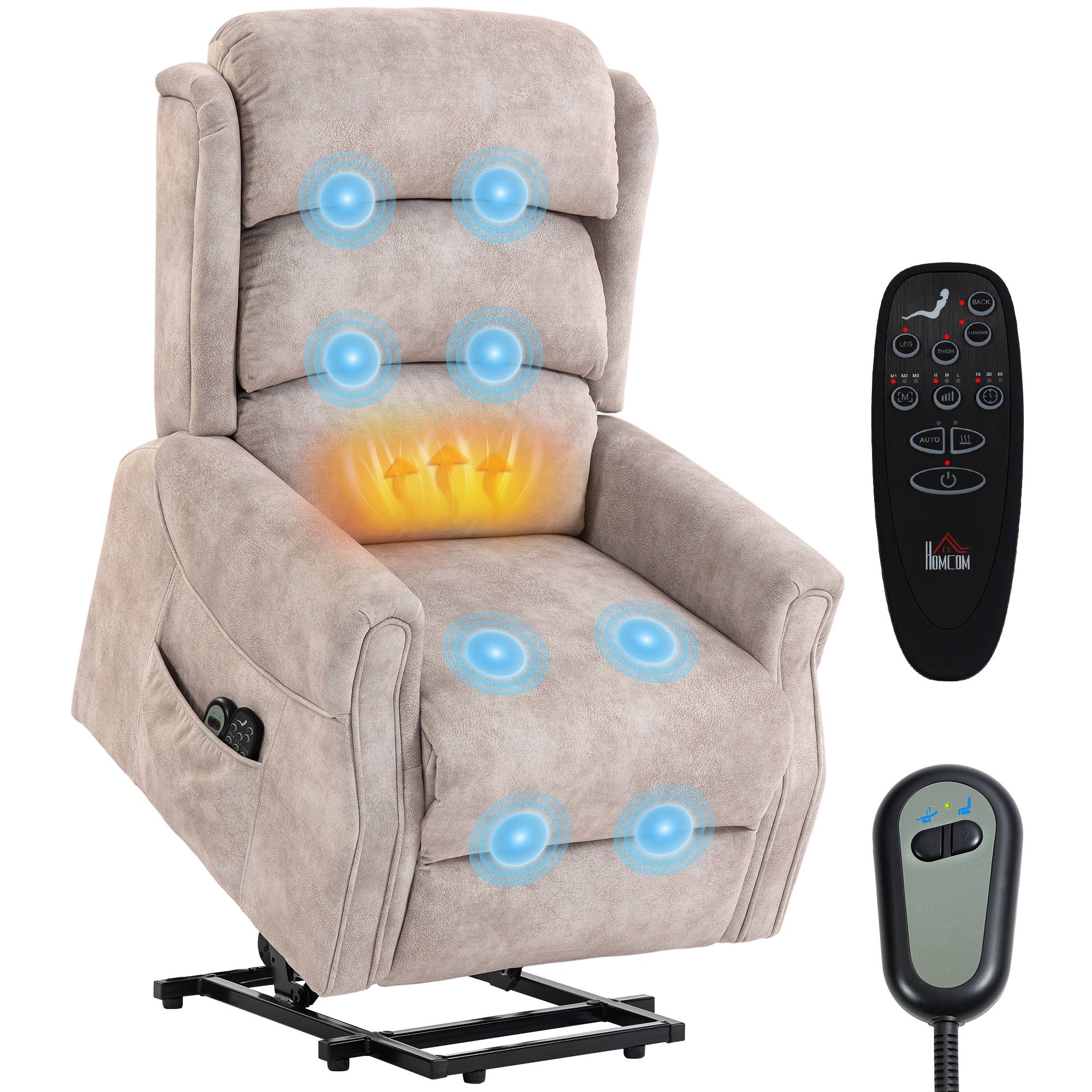 Fauteuil releveur électrique massage par vibrations et chaleur, fauteuil relax électrique en velours, 80x160x82cm, beige - Image 1
