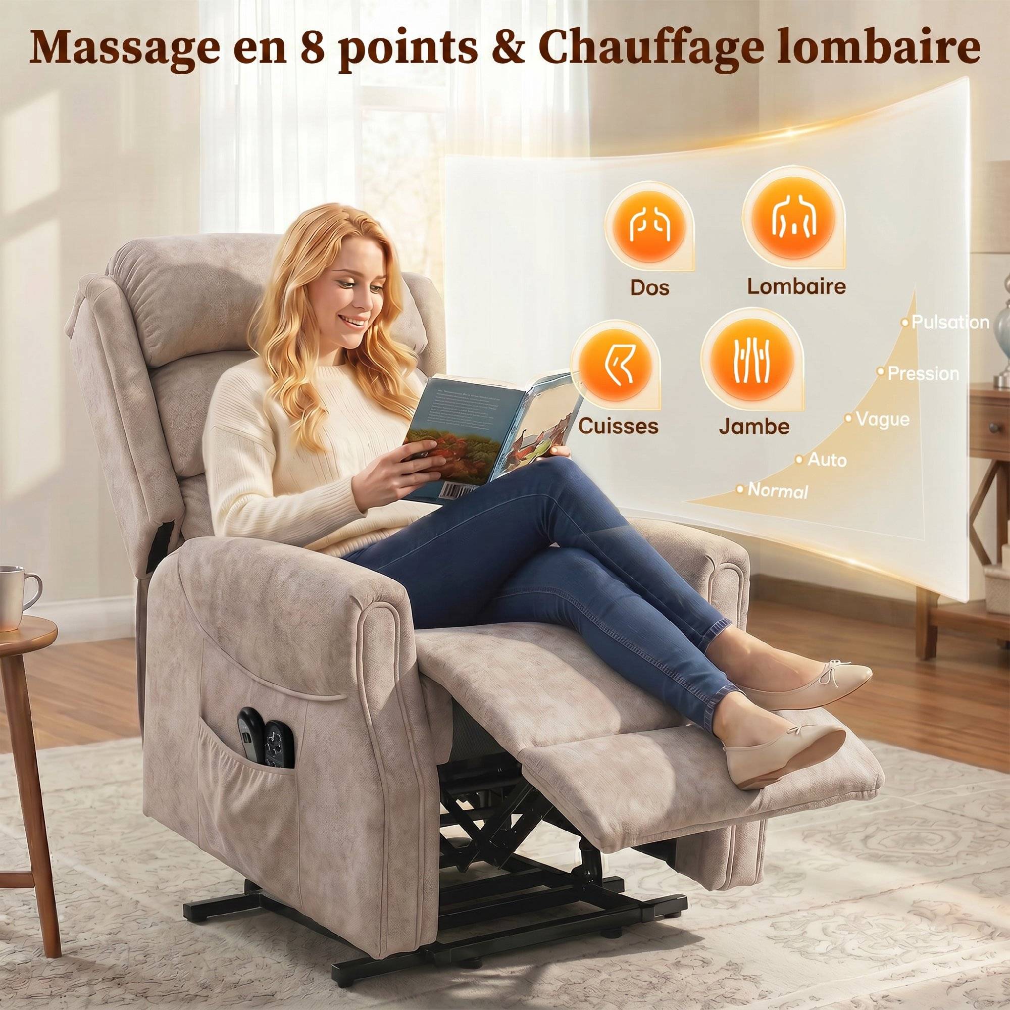 Fauteuil releveur électrique massage par vibrations et chaleur, fauteuil relax électrique en velours, 80x160x82cm, beige - Image 7