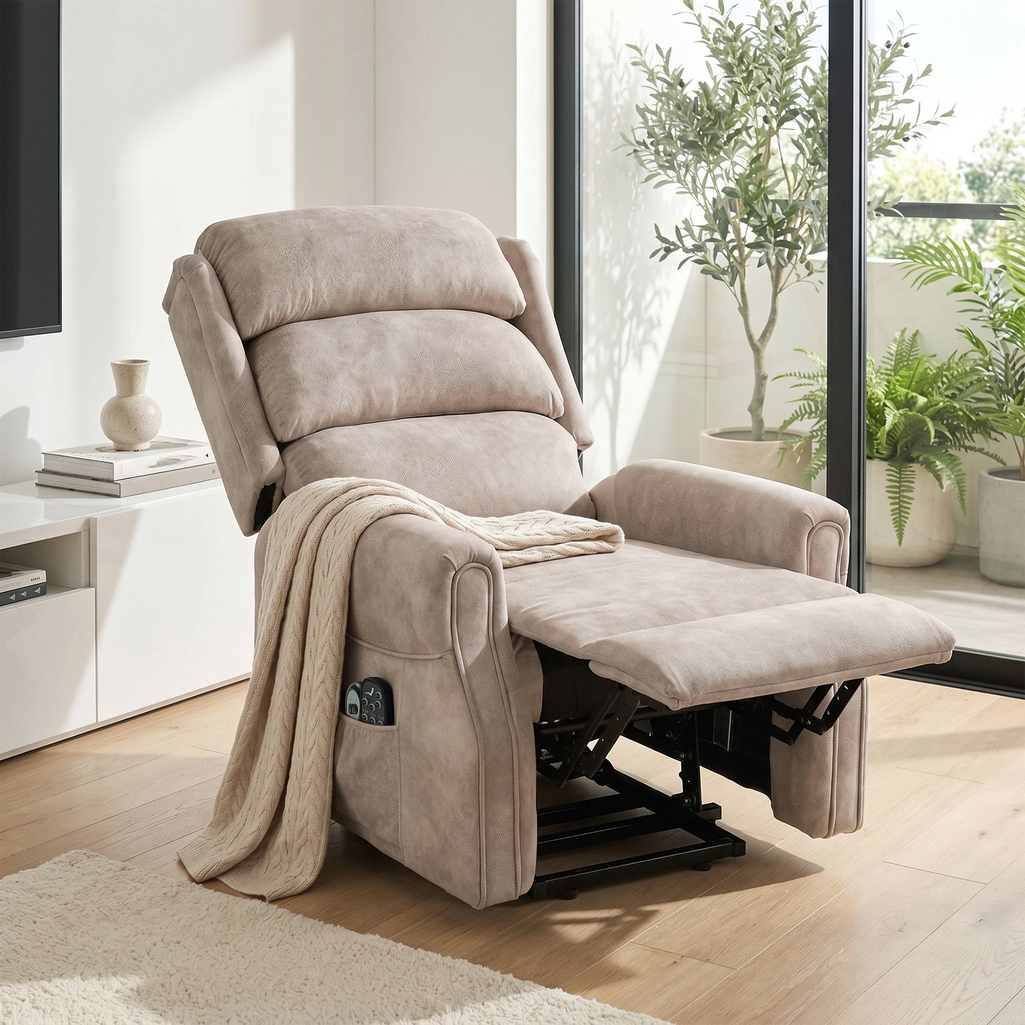 Fauteuil releveur électrique massage par vibrations et chaleur, fauteuil relax électrique en velours, 80x160x82cm, beige - Image 10