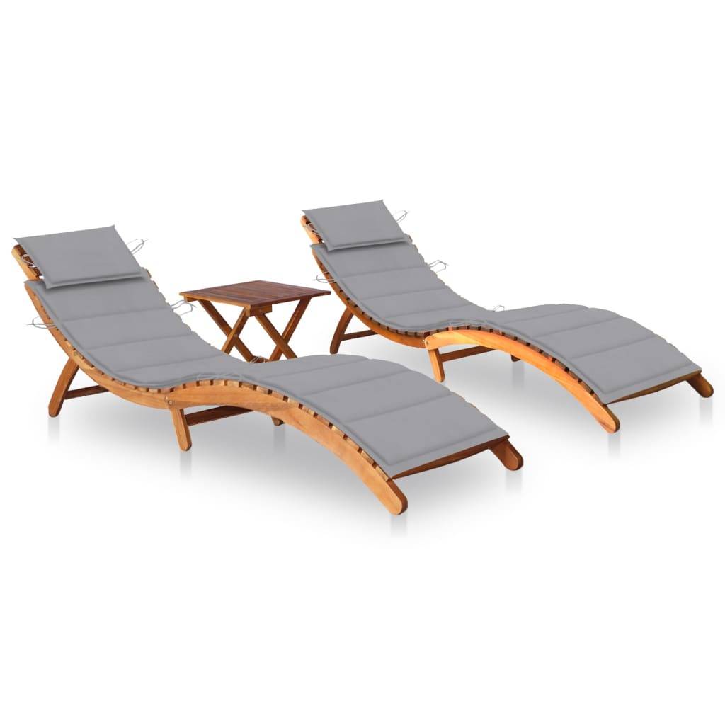 Helloshop26 - Lot de 2 transats chaise longue bain de soleil lit de jardin terrasse meuble d'extérieur avec table et coussins acacia solide - Imagen 1