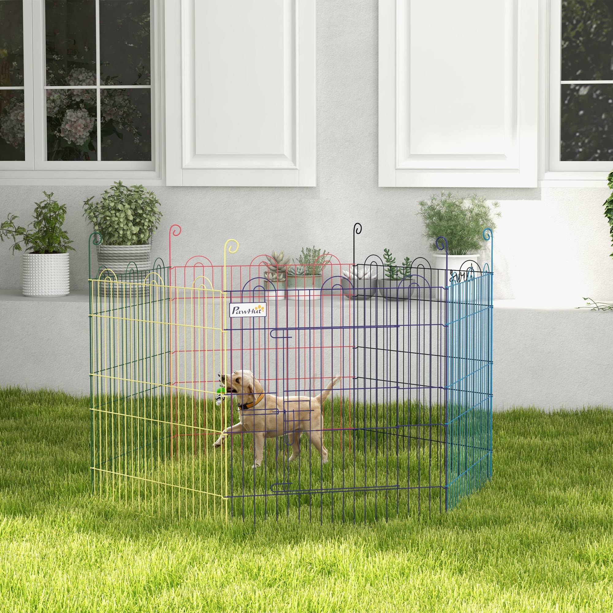 Parc pliable pour animaux de compagnie, cage pour chien pliable à 6 panneaux pour jardin, terrasse, usage extérieur, Ø120 x 60 cm, multicolore - Image 3