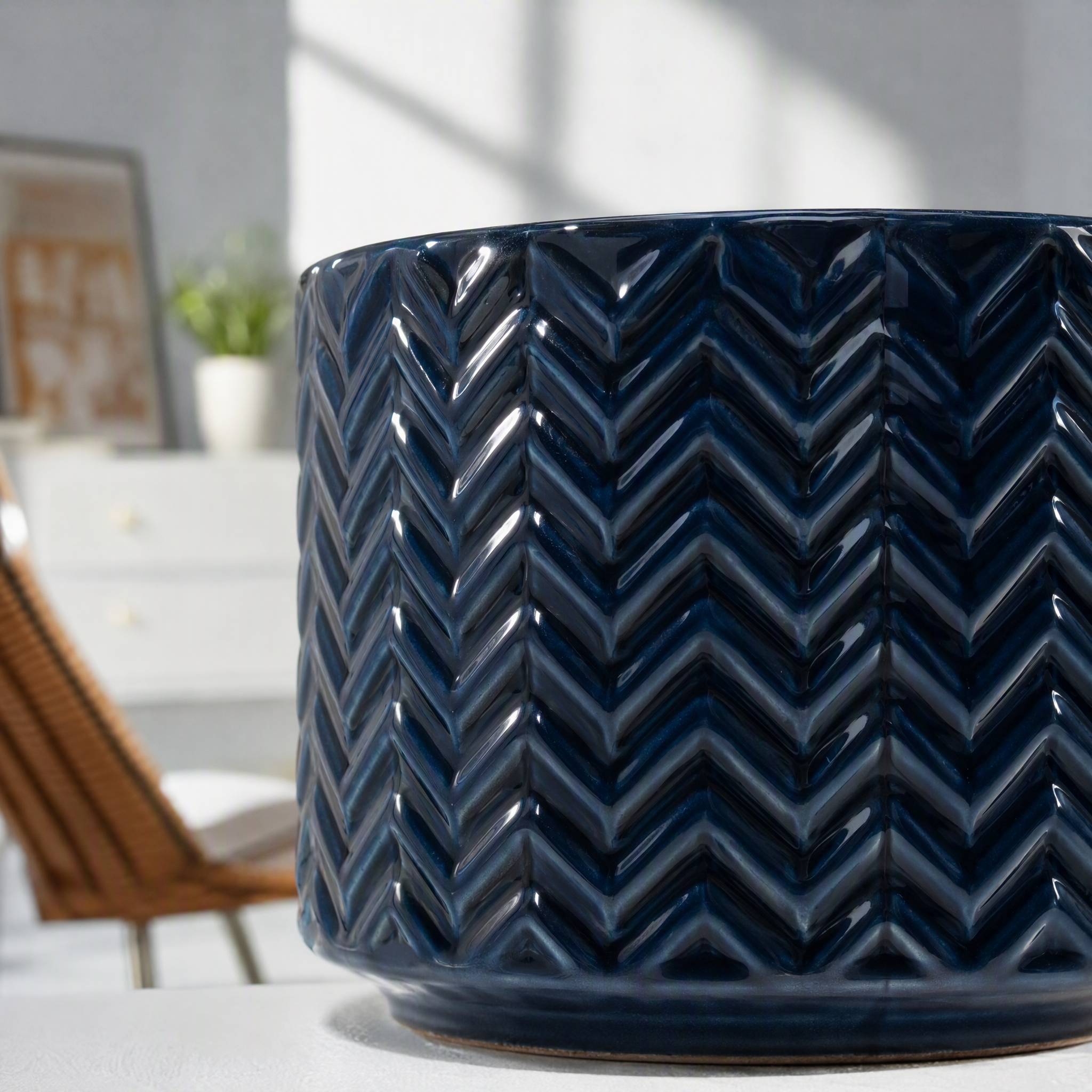 ComfortXL - Pot de fleurs en céramique bleu marine brillant Ø24 cm intérieur balcon jardin avec trou de drainage - Image 1