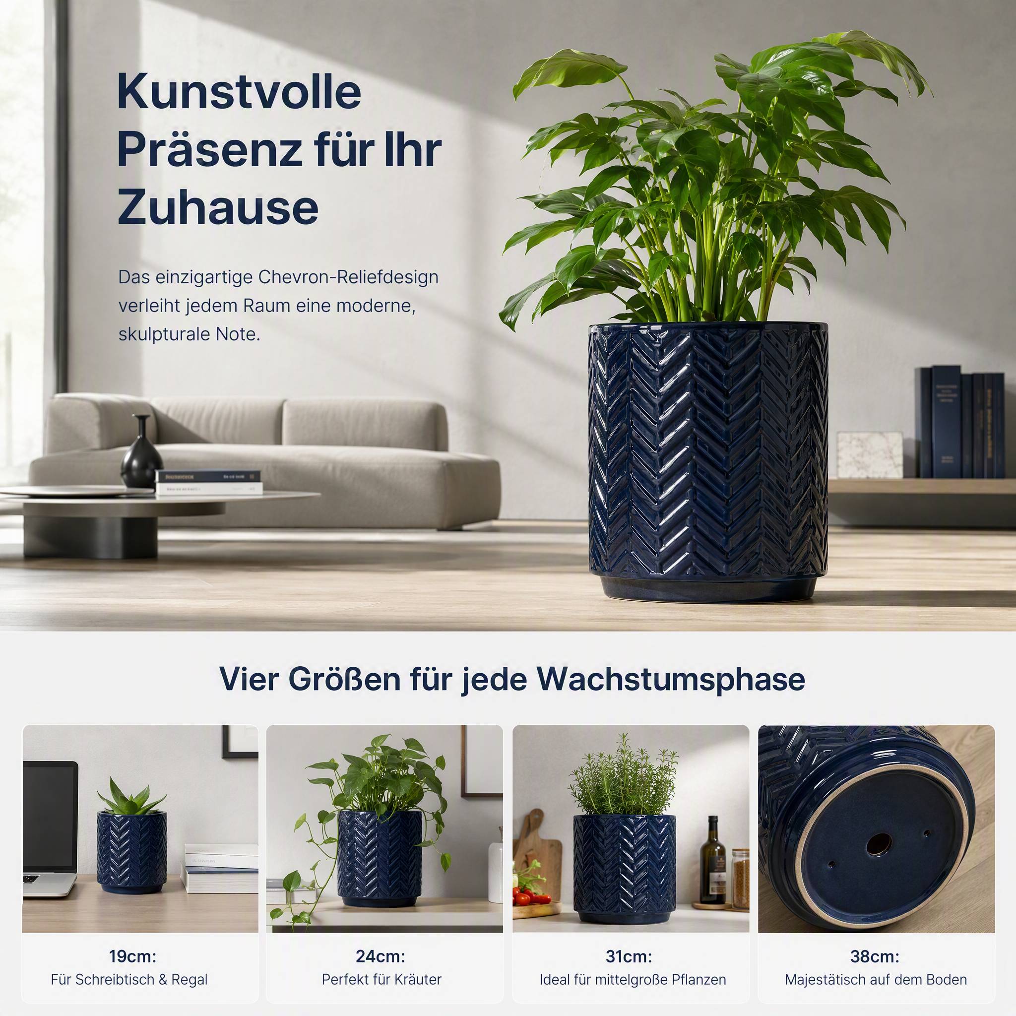 ComfortXL - Pot de fleurs en céramique bleu marine brillant Ø24 cm intérieur balcon jardin avec trou de drainage - Image 7