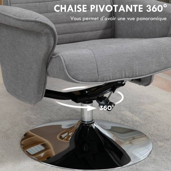 Sans Marque - Fauteuil relax inclinable 135° pivotant 360° avec repose-pieds revêtement tissu gris - Image 7