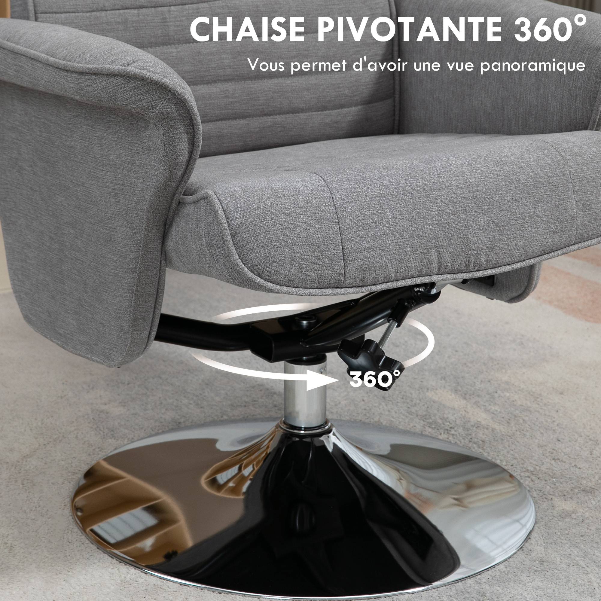Sans Marque - Fauteuil relax inclinable 135° pivotant 360° avec repose-pieds revêtement tissu gris - Image 7