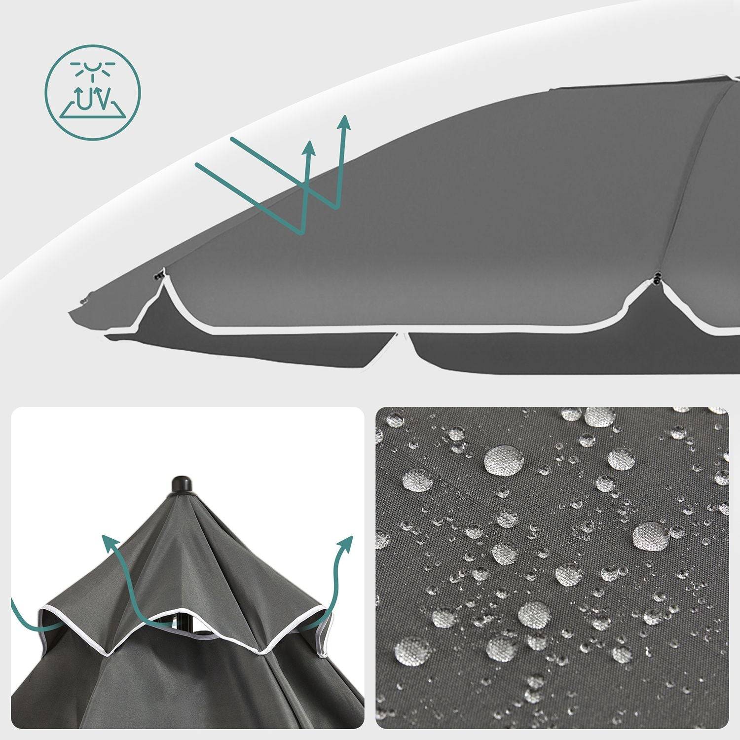 Helloshop26 - Parasol de jardin diamètre 2 m ombrelle protection UPF 50+ inclinable portable résistant au vent baleines en fibre de verre avec sac gris - Imagen 2