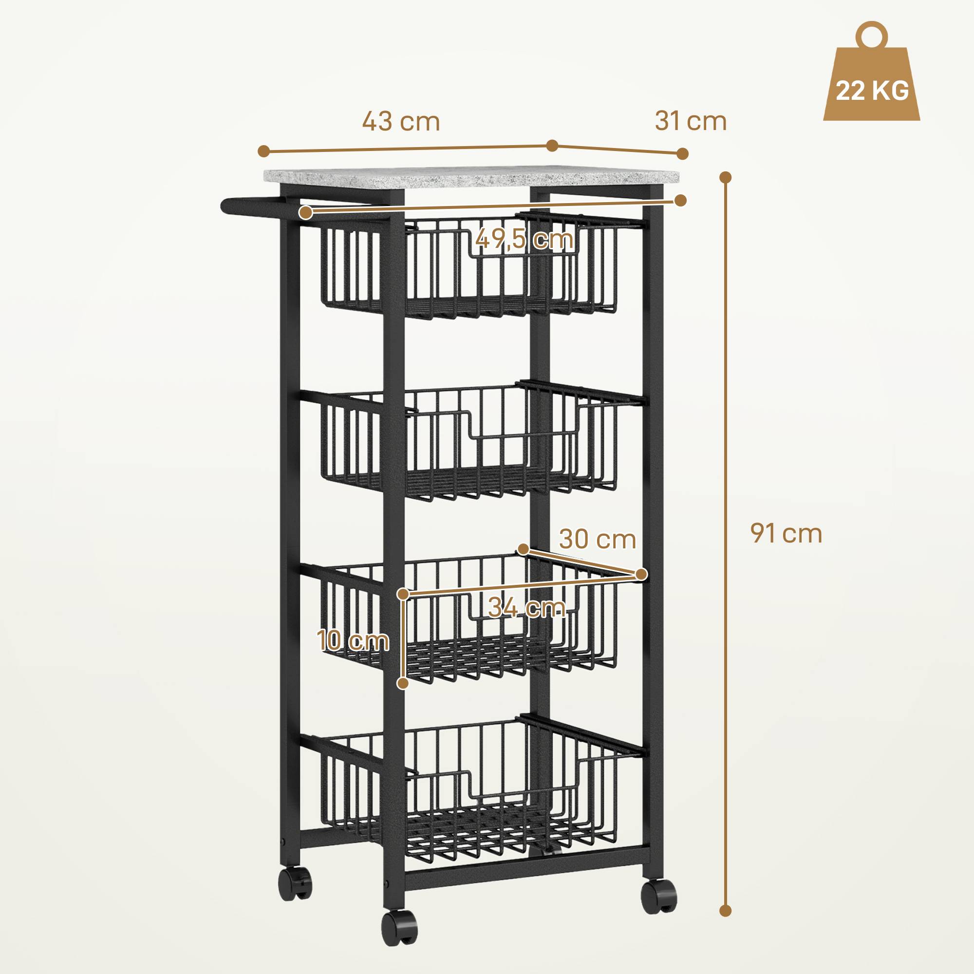Sans Marque - Desserte cuisine 4 niveaux chariot service roulettes plan travail cadre acier 49,5x31x91 cm gris clair - Image 5