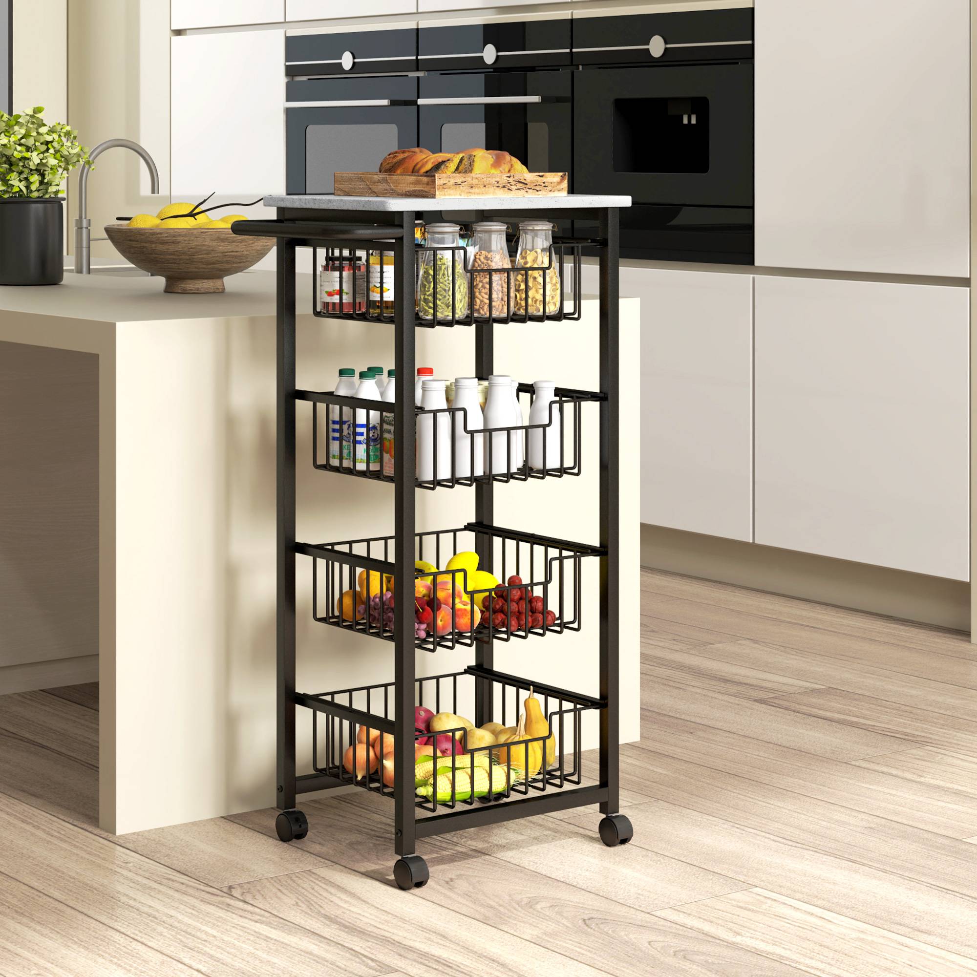 Sans Marque - Desserte cuisine 4 niveaux chariot service roulettes plan travail cadre acier 49,5x31x91 cm gris clair - Image 4