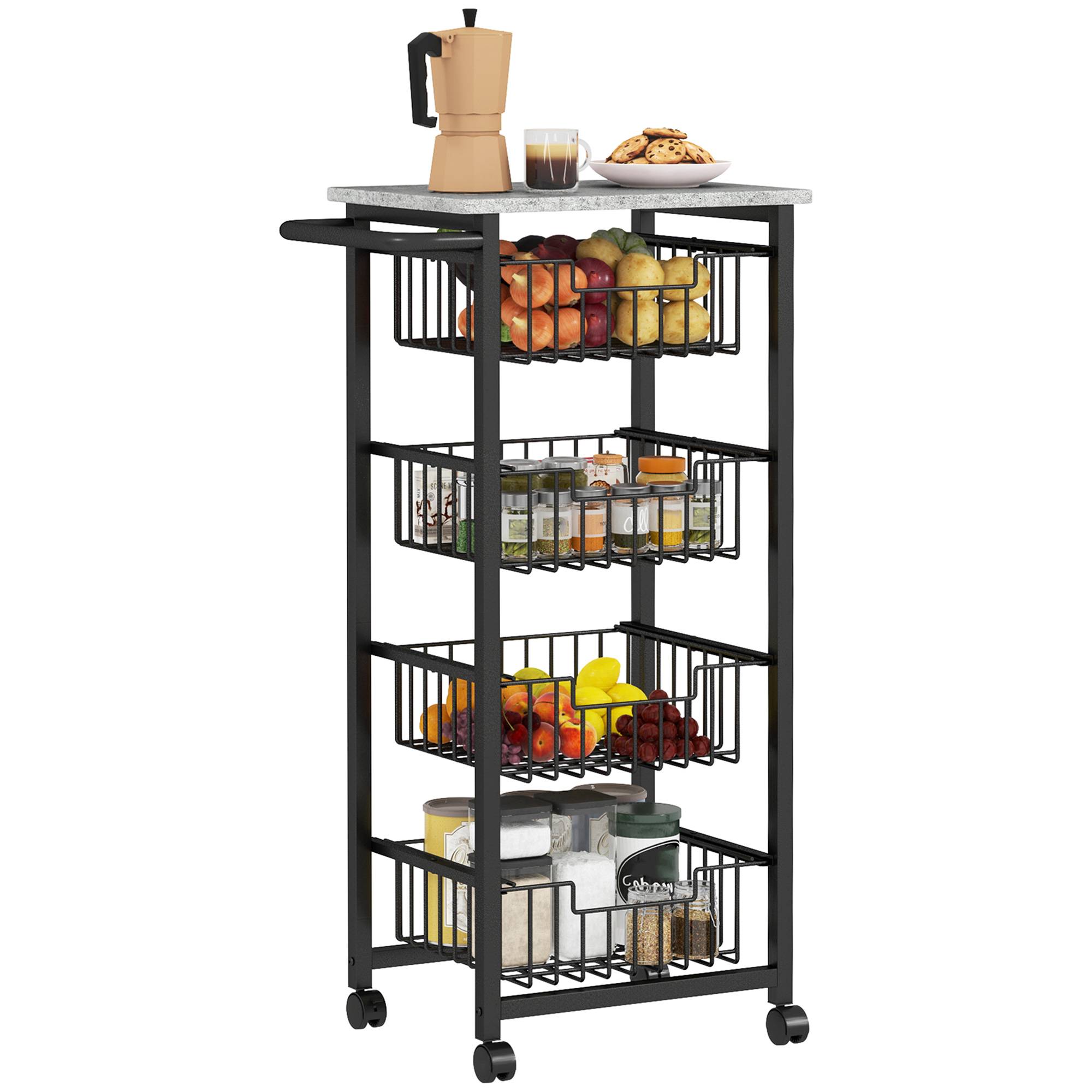 Sans Marque - Desserte cuisine 4 niveaux chariot service roulettes plan travail cadre acier 49,5x31x91 cm gris clair - Image 1