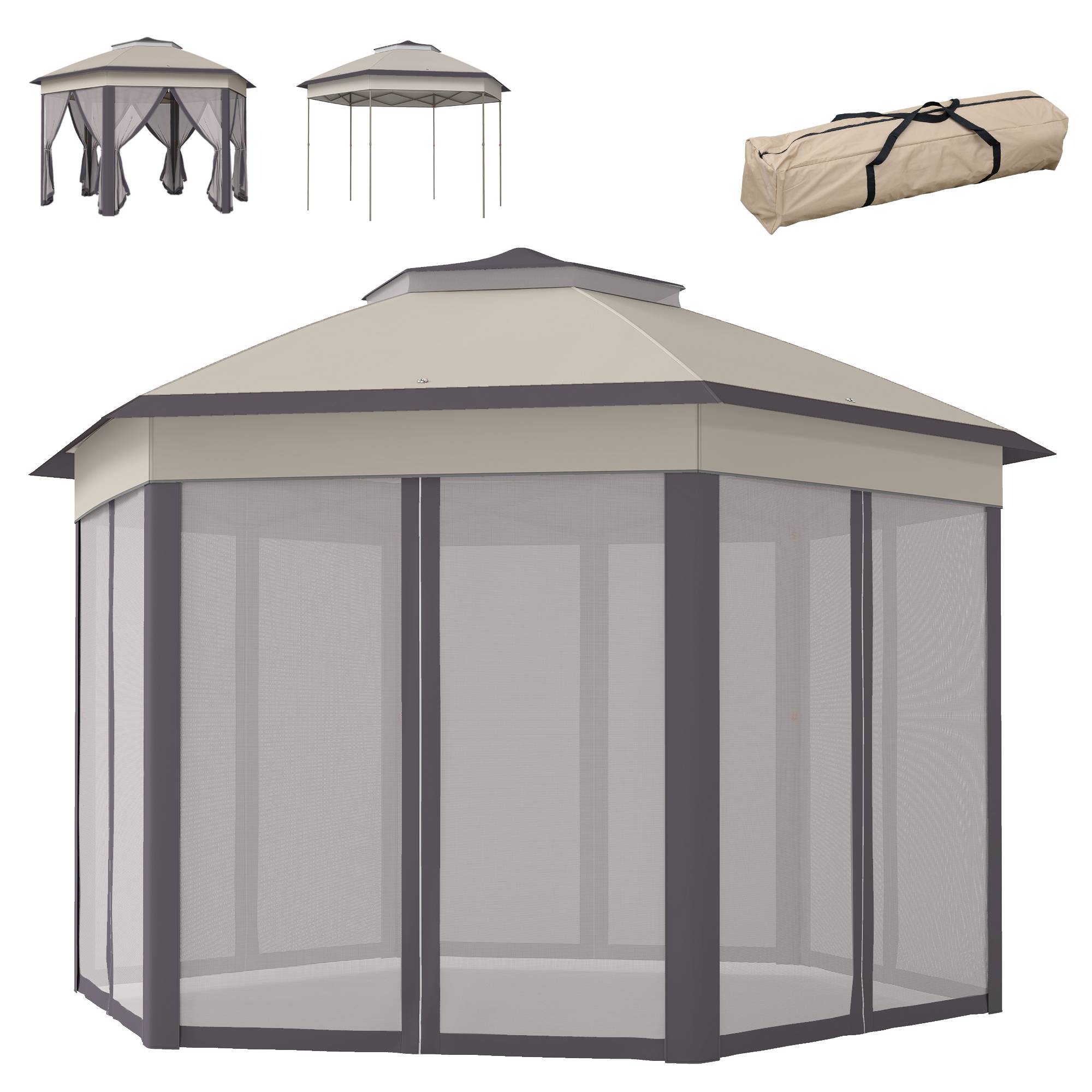 Sans Marque - Tente pliante 4 x 3,4 m avec double toit, 6 moustiquaires amovibles et sac de transport anti-UV, marron et beige - Image 2