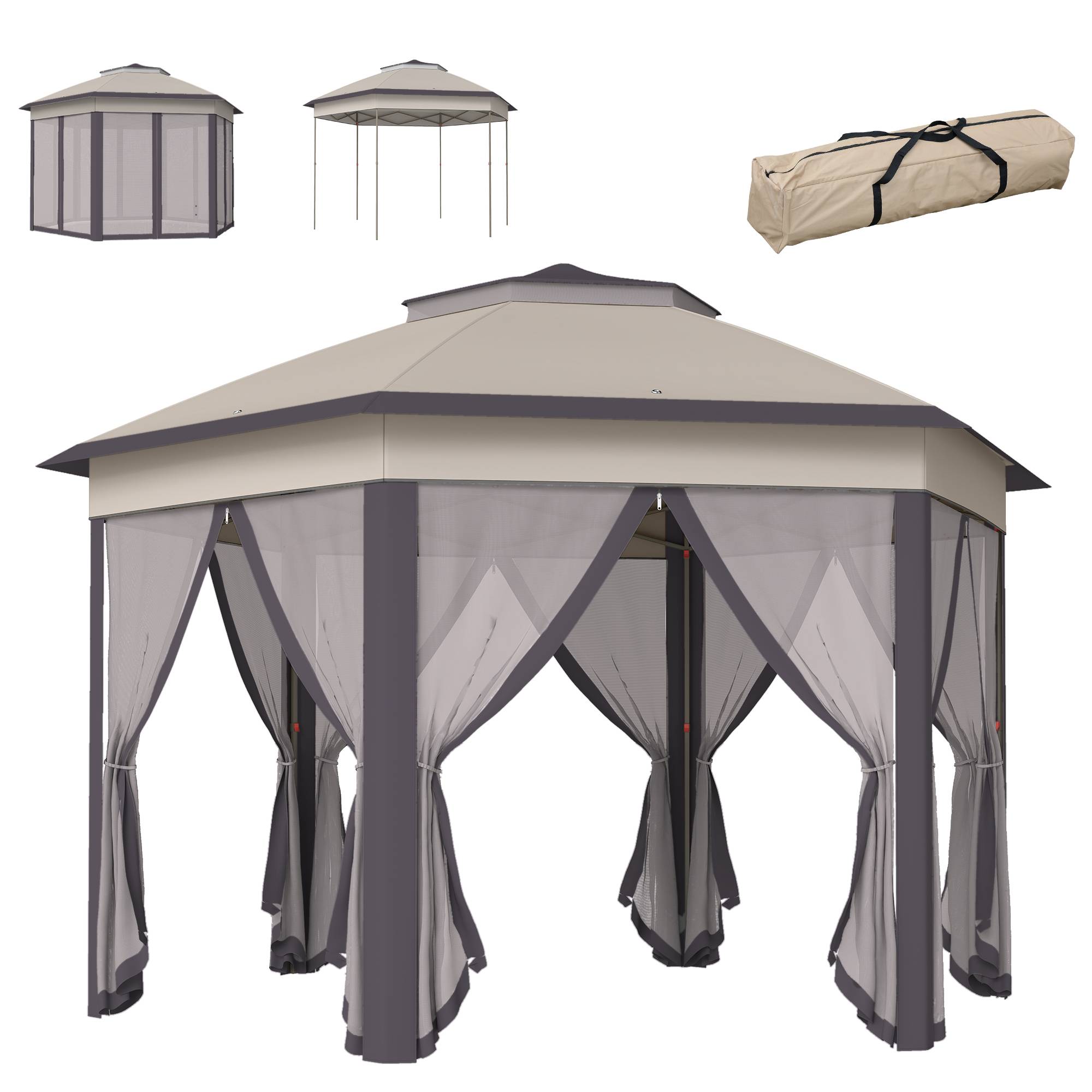 Sans Marque - Tente pliante 4 x 3,4 m avec double toit, 6 moustiquaires amovibles et sac de transport anti-UV, marron et beige - Image 1