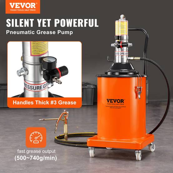 VEVOR Pompe graisse pneumatique 50:1, seau 20 L, tuyau 4 m, buse 360°. Sur roues, pour graissage. - Image 2