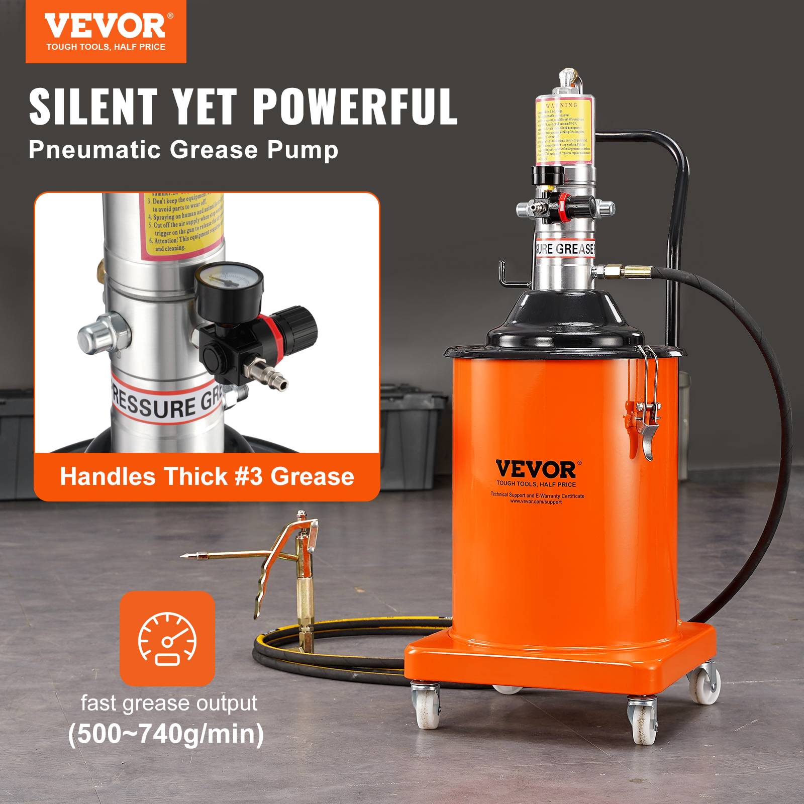 VEVOR Pompe graisse pneumatique 50:1, seau 20 L, tuyau 4 m, buse 360°. Sur roues, pour graissage. - Image 2