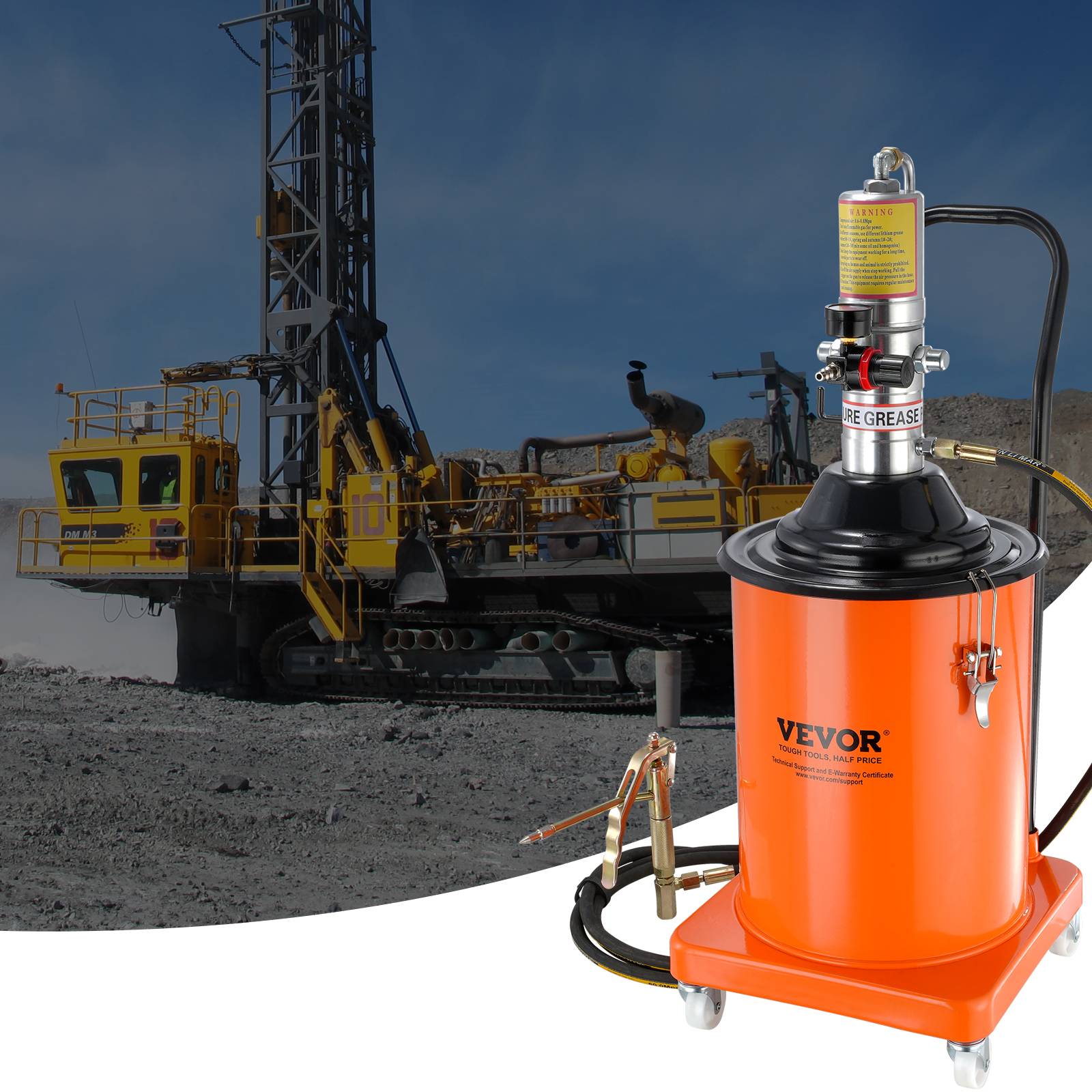 VEVOR Pompe graisse pneumatique 50:1, seau 20 L, tuyau 4 m, buse 360°. Sur roues, pour graissage. - Image 8