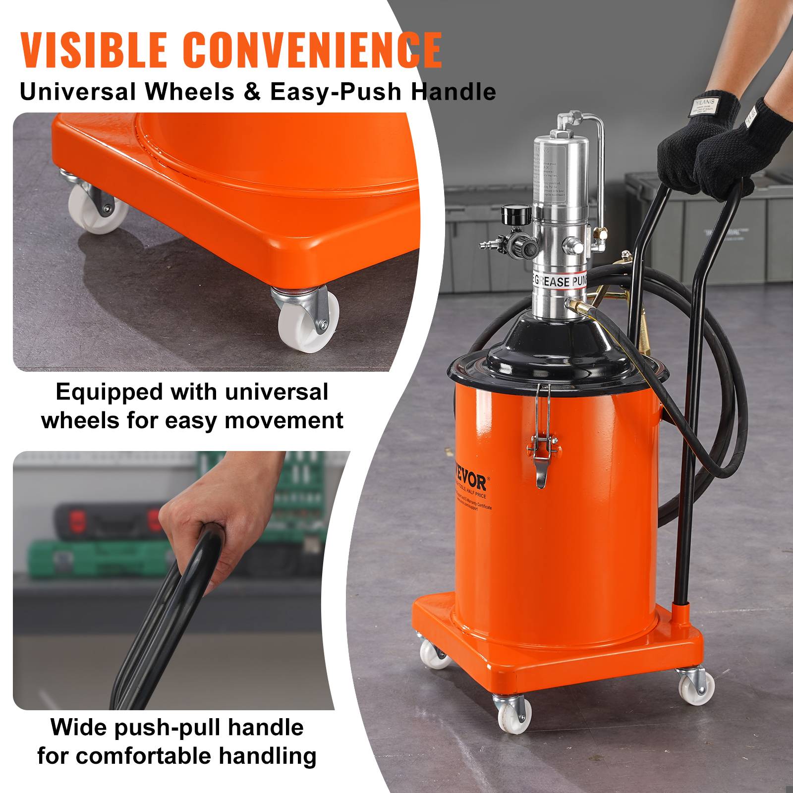 VEVOR Pompe graisse pneumatique 50:1, seau 20 L, tuyau 4 m, buse 360°. Sur roues, pour graissage. - Image 6