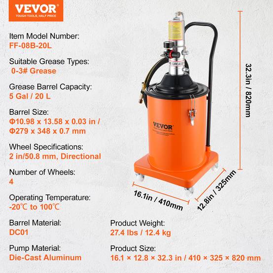 VEVOR Pompe graisse pneumatique 50:1, seau 20 L, tuyau 4 m, buse 360°. Sur roues, pour graissage. - Image 7