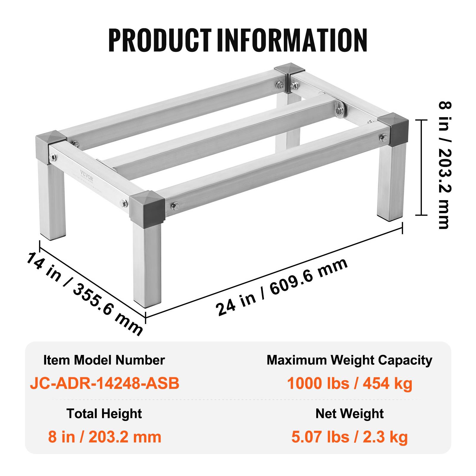 VEVOR Rack calage alu 61x35.6x20.3cm, charge 454kg, stockage alimentaire. - Image 7