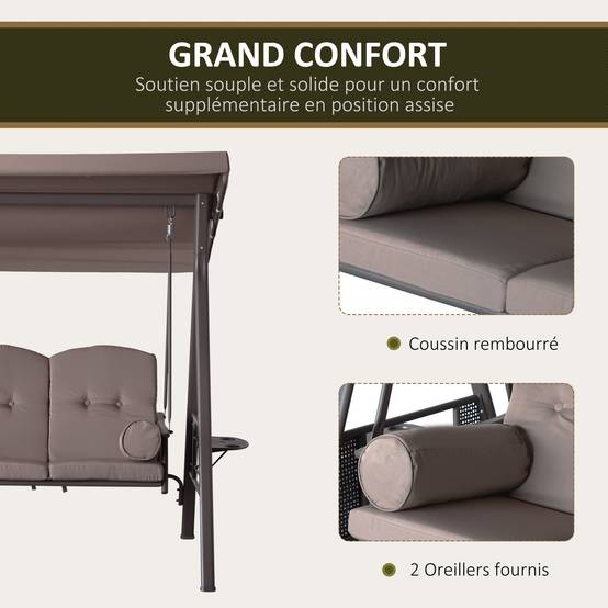 Balancelle de jardin 3 places métal patio toit réglable coussins confort beige - ComfortXL Outdoor Living - Image 6