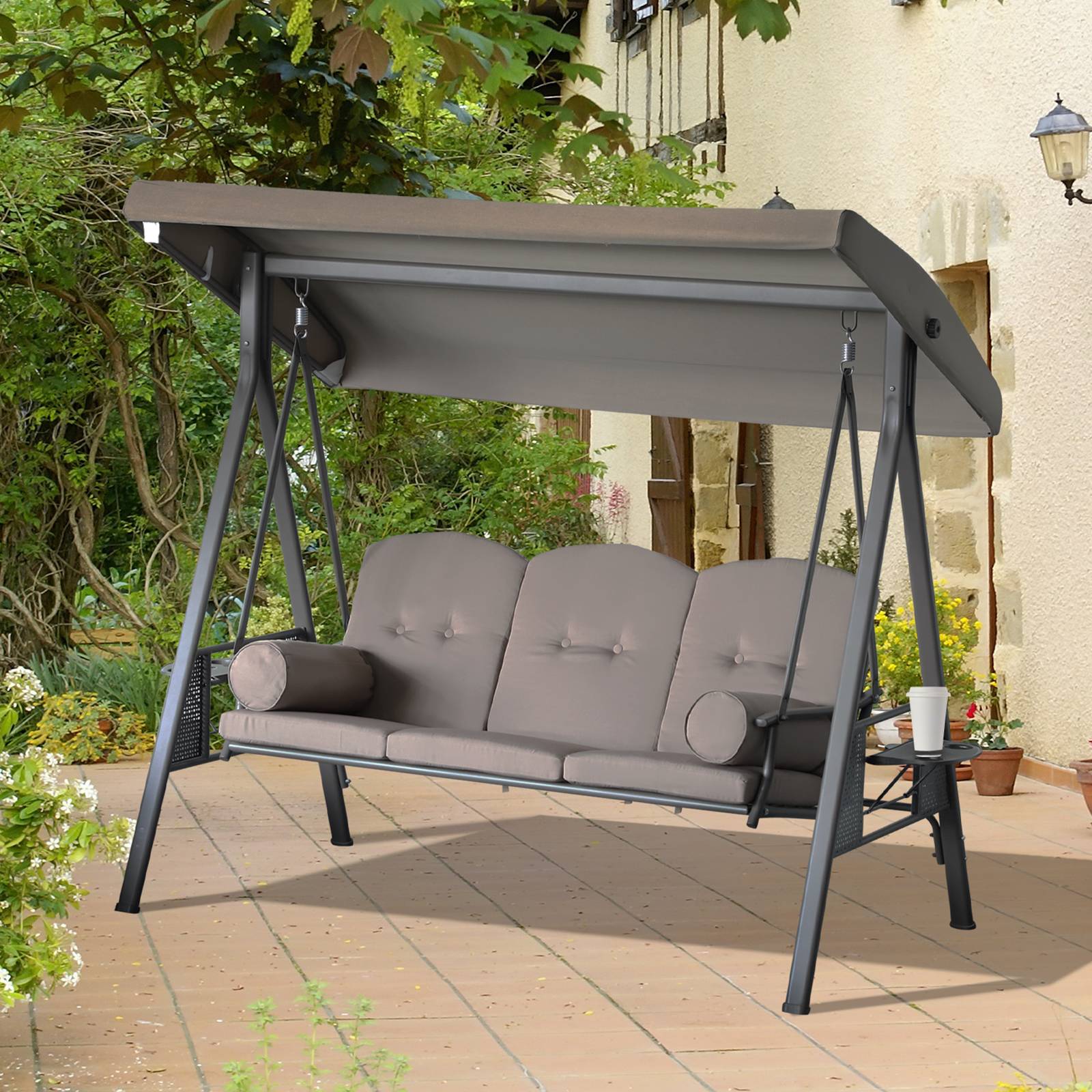 Balancelle de jardin 3 places métal patio toit réglable coussins confort beige - ComfortXL Outdoor Living - Image 4