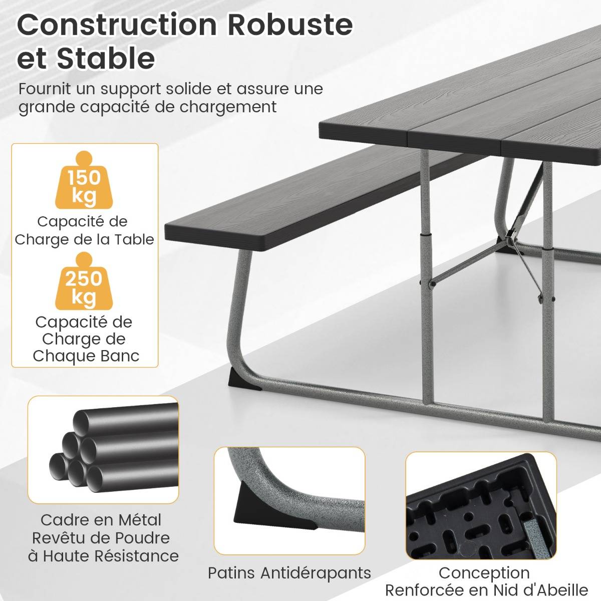 Ensemble Table et Bancs de Pique-Nique Pliable Ensemble de Jardin Cadre Métallique Plateau en HDPE 183x163x74cm Noir MAISON CHIC - Image 7