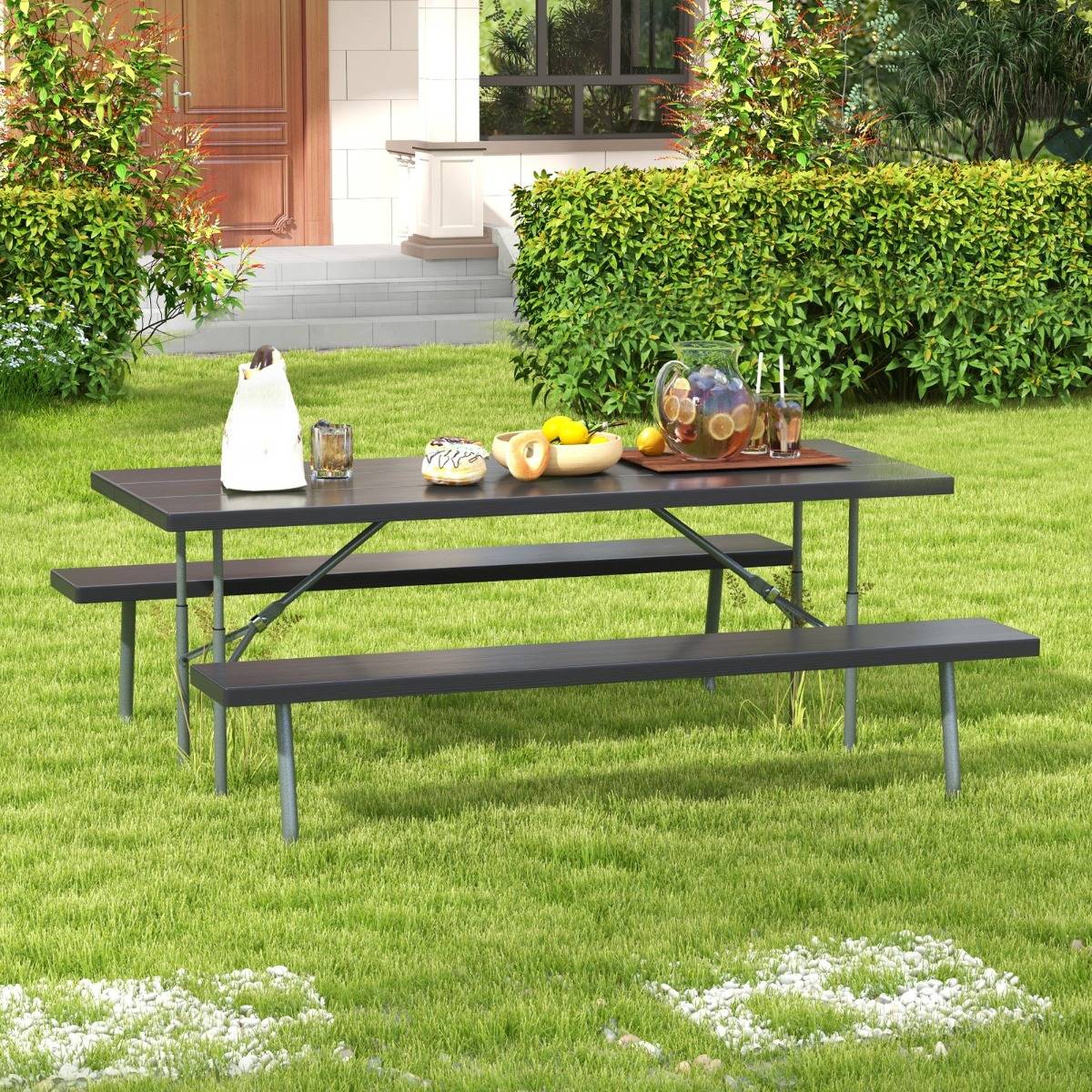 Ensemble Table et Bancs de Pique-Nique Pliable Ensemble de Jardin Cadre Métallique Plateau en HDPE 183x163x74cm Noir MAISON CHIC - Image 2