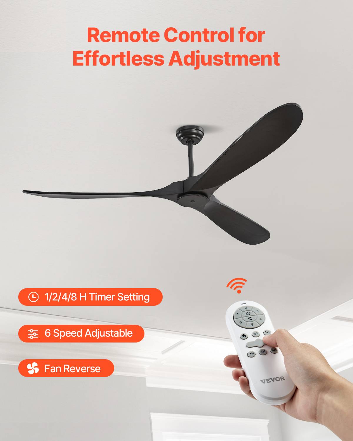VEVOR Ventilateur plafond sans lumière 180 cm, 3 pales bois, télécommande. Moteur CC réversible, noir. - Image 5