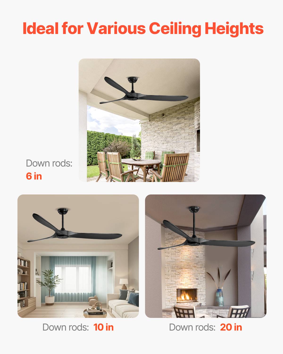 VEVOR Ventilateur plafond sans lumière 180 cm, 3 pales bois, télécommande. Moteur CC réversible, noir. - Image 6