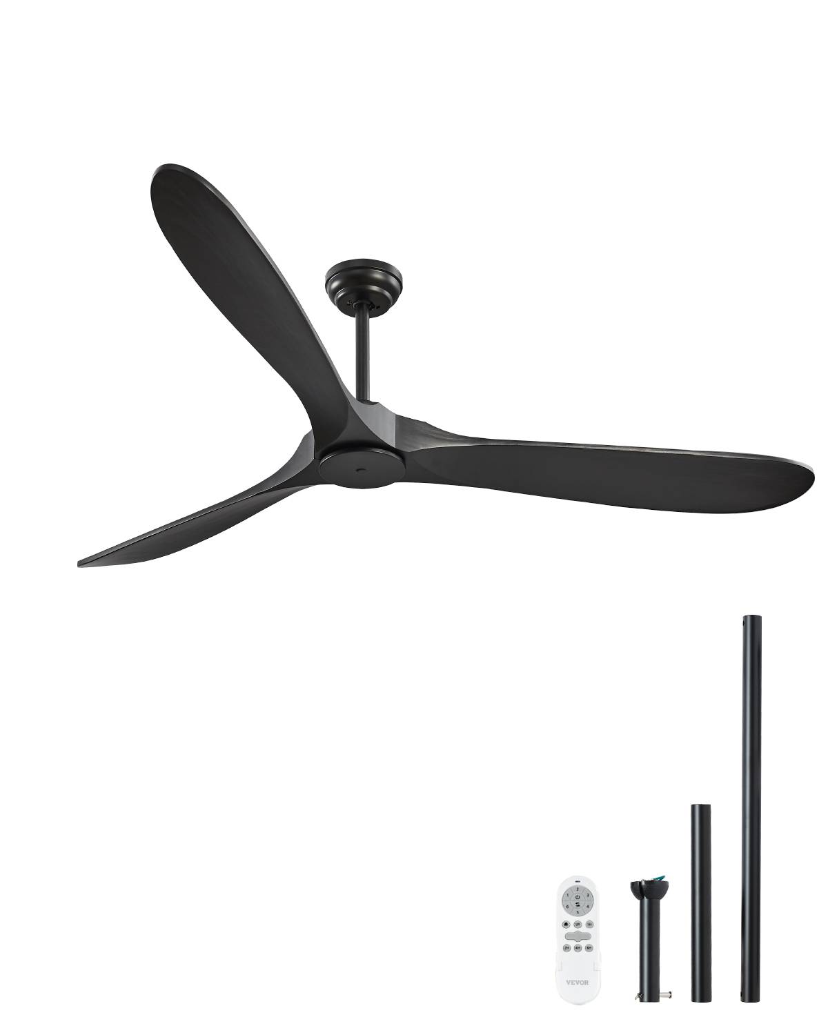 VEVOR Ventilateur plafond sans lumière 180 cm, 3 pales bois, télécommande. Moteur CC réversible, noir. - Image 1