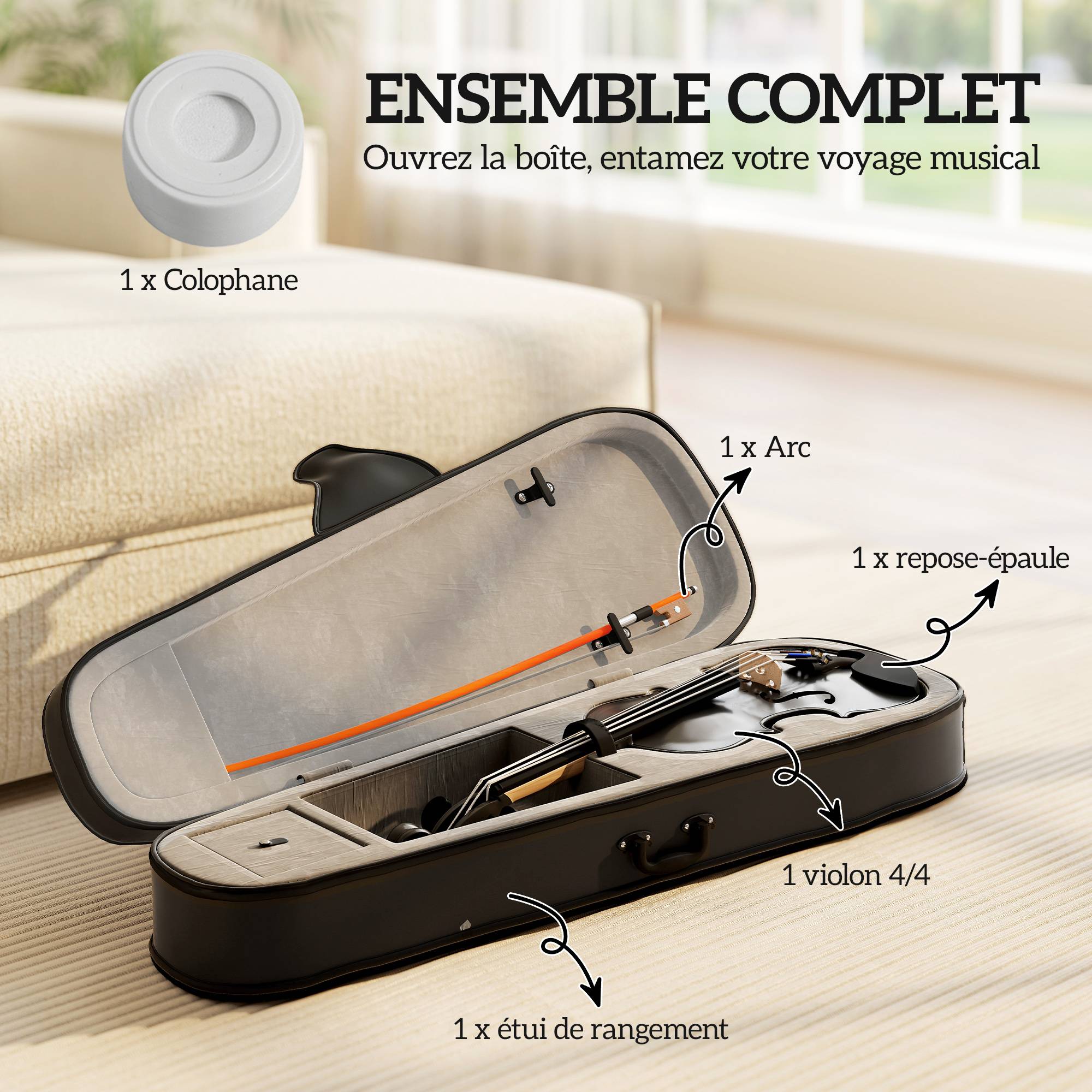 Violon 4/4 Ensemble de Violon en Bois Massif pour Adultes et Débutants avec Étui Léger et Portable 60 x 21 cm Noir - Image 6