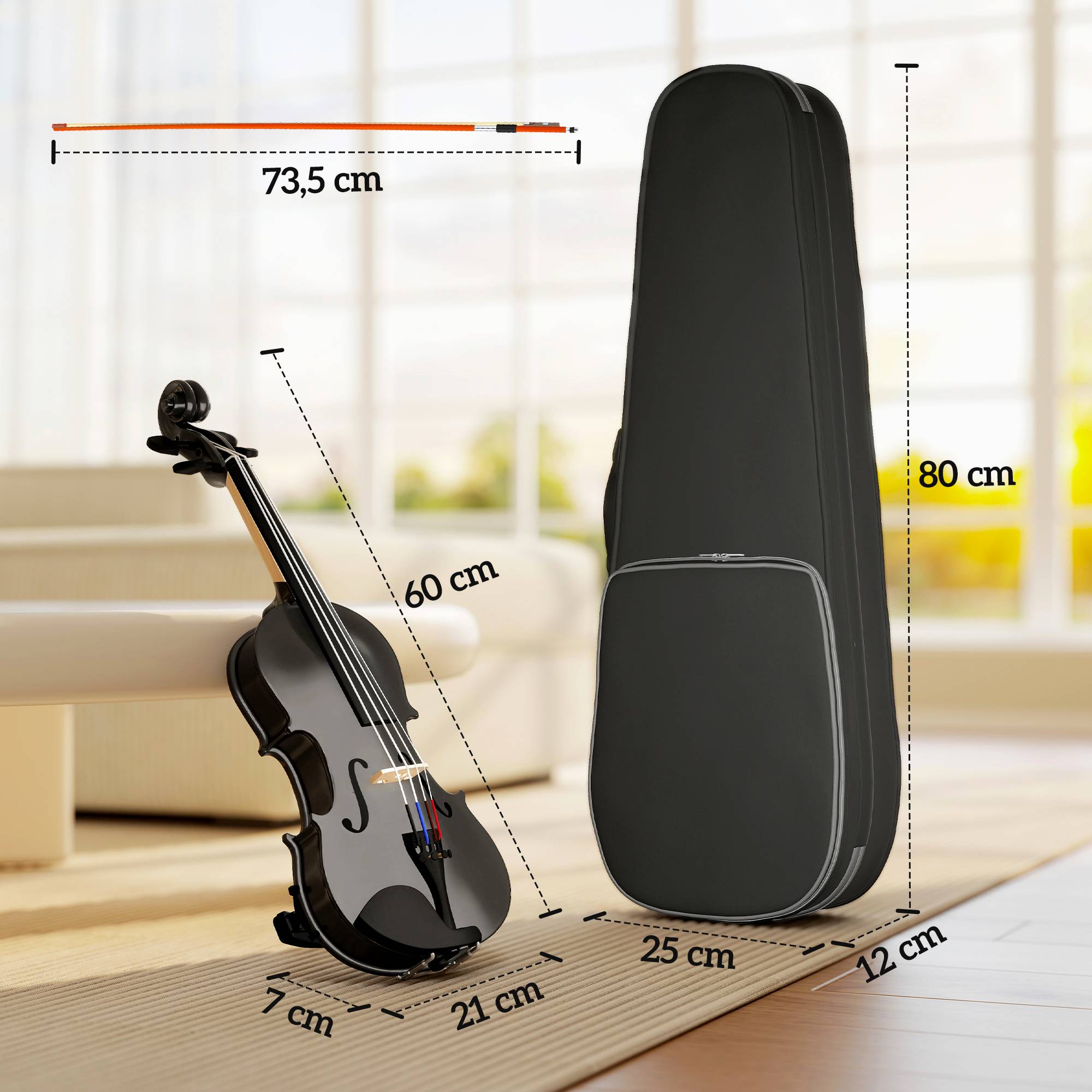 Violon 4/4 Ensemble de Violon en Bois Massif pour Adultes et Débutants avec Étui Léger et Portable 60 x 21 cm Noir - Image 5